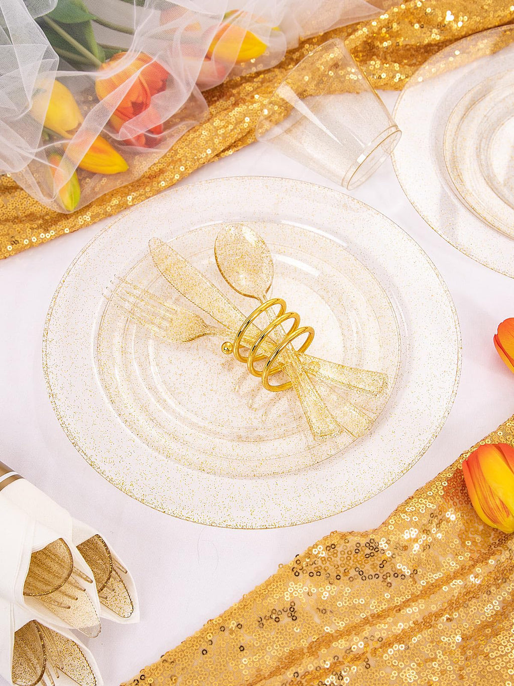 DaYammi 210Pcs White Gold Plastic Plates for Party,Gold Disposable Dinnerware Set Includes 60 gold Floral Plates,30 Plastic Silverware,30 Per Rolled Napkins,30 Cups for Mother's Day Party Wedding
