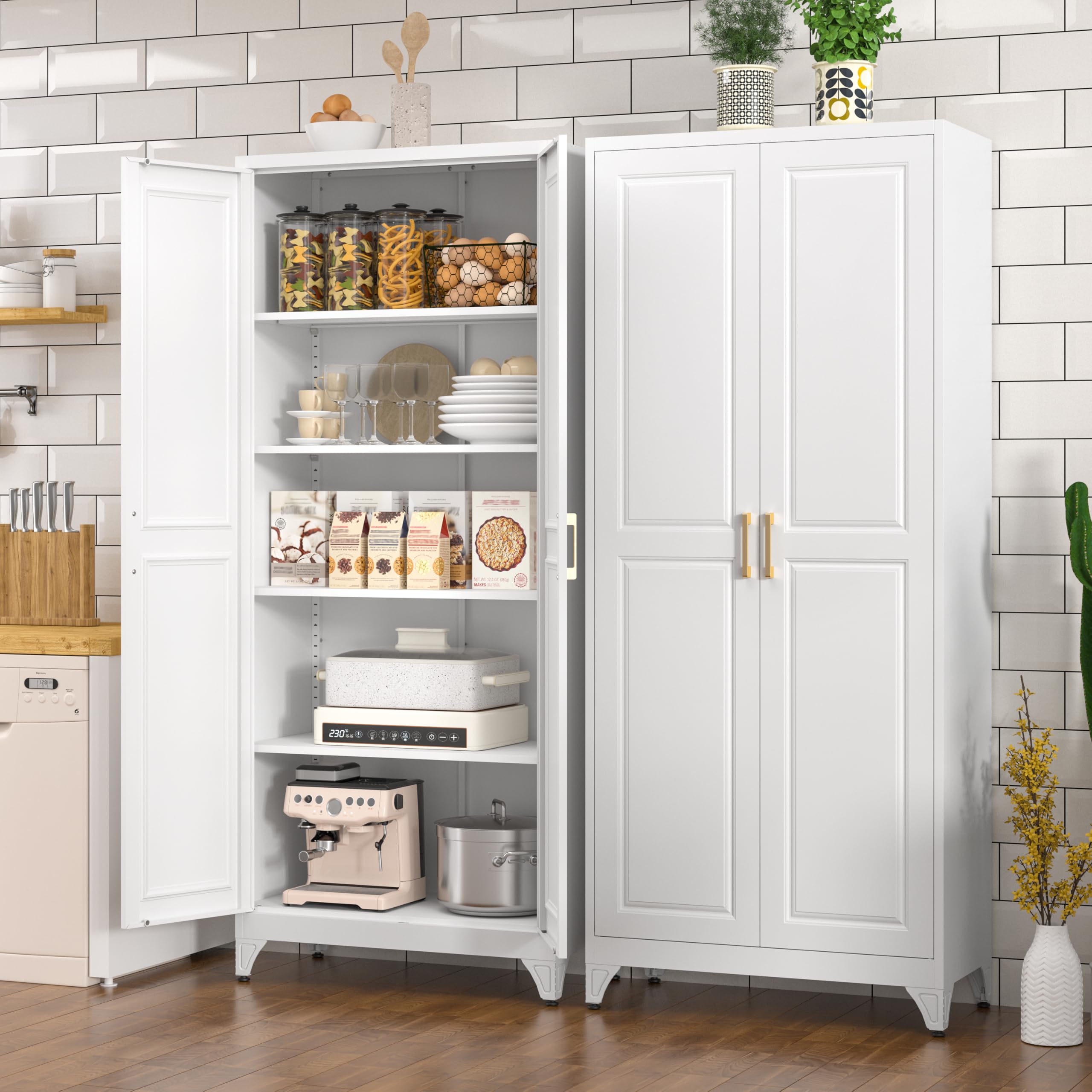 Polup White Kitchen Pantry Cabinet, 71 Inch Tall Metal Storage Cabinet with Doors and Shelves, Pantry Cabinets for Kitchen Storage, Freestanding Cupboard for Living, Dining Room, Assemble Required