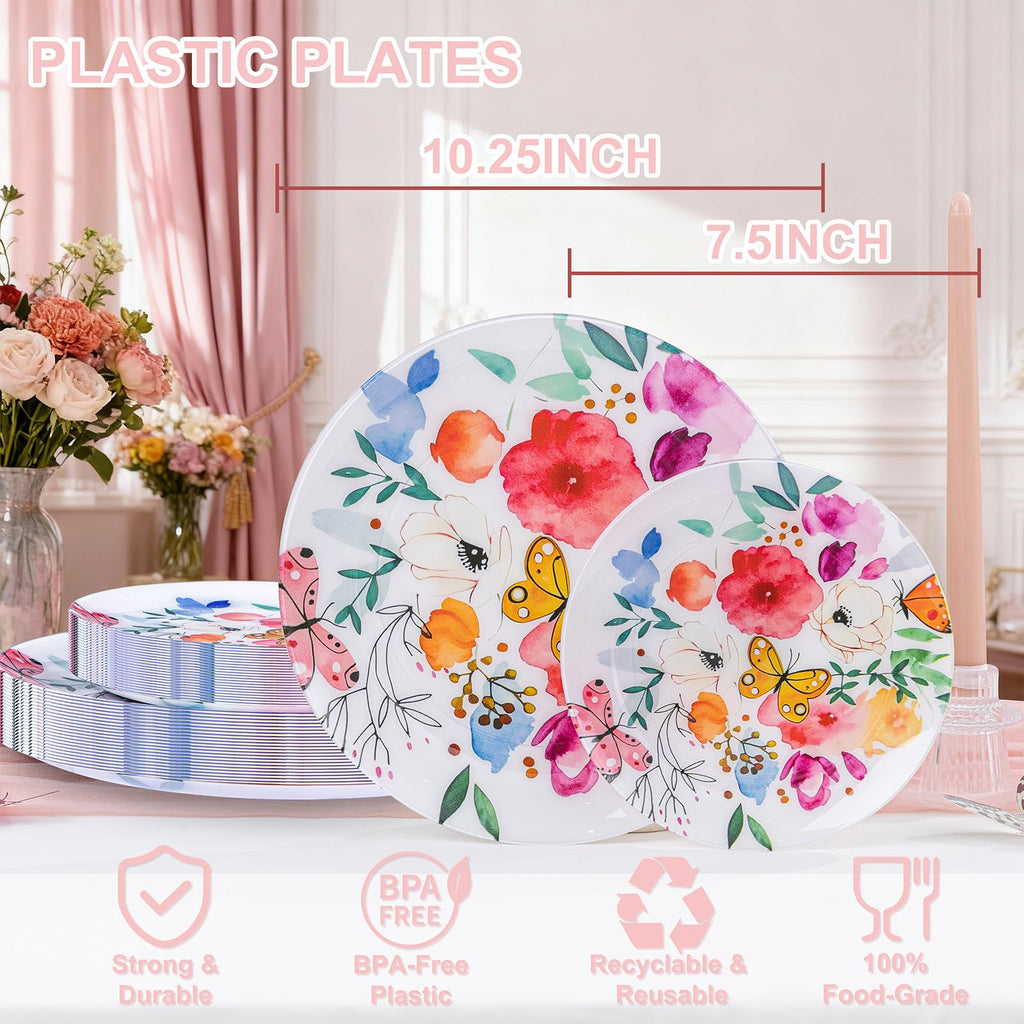 DaYammi 20Pcs Floral Disposable Plastic Plates-Disposable Heavy duty Watercolor Floral Plastic Plates 10.25 inch Dinner plates and 7.5 inch Dessert plates, Disposable Plate for Party Mother's Day
