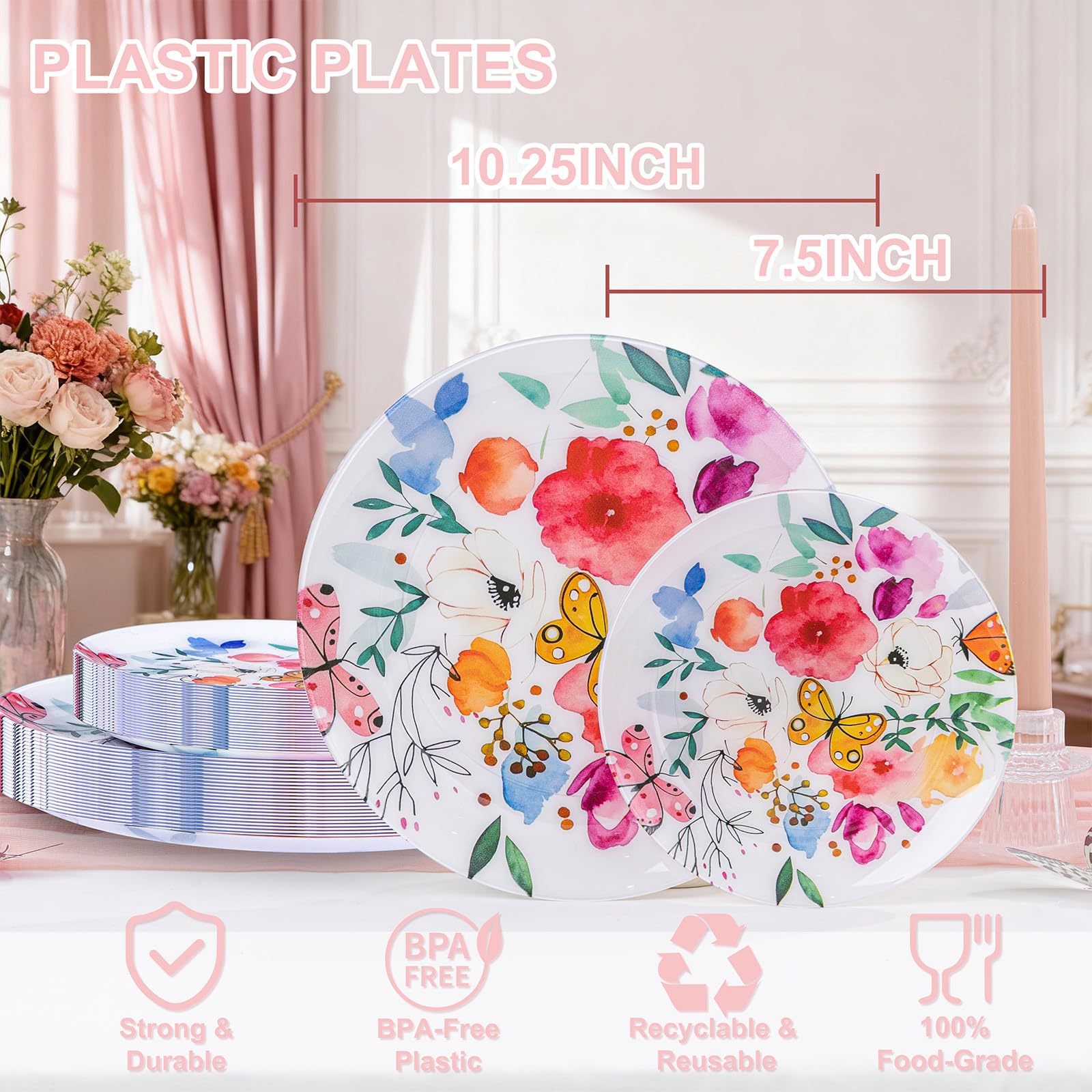 DaYammi 20Pcs Floral Disposable Plastic Plates-Disposable Heavy duty Watercolor Floral Plastic Plates 10.25 inch Dinner plates and 7.5 inch Dessert plates, Disposable Plate for Party Mother's Day