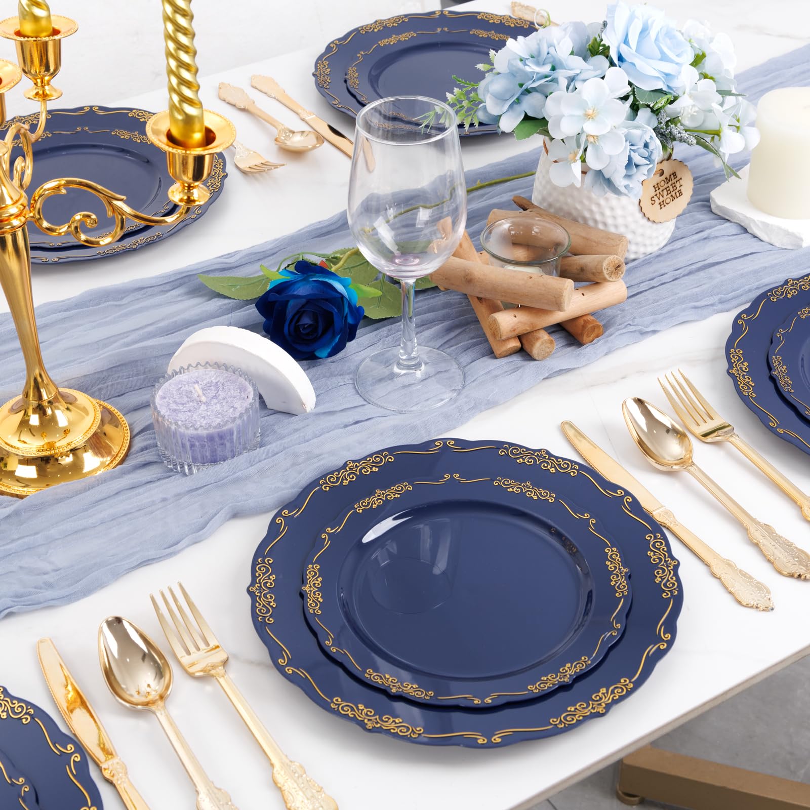 DaYammi 150Pcs Ivory Plastic Plates with Gold Rim,Disposable Plastic Plates Include 30 Dinner Plate,30 Salad Plate,30 Forks,30 Spoons,30 Knives,Ivory and Gold Plates for Party,Wedding,Mother's Day