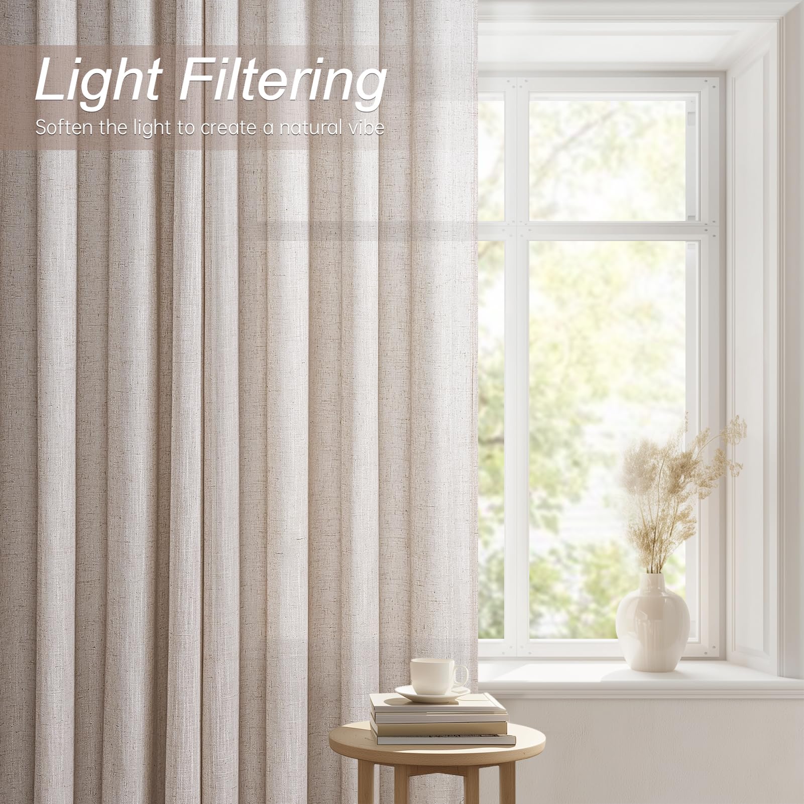 Topfinel Linen Sheer Curtains 96 Inches Long for Living Room 2 Panel Set Cream Ivory Light Filtering Pleat Drapes with Grommet Natural Boho Farmhouse 96 Inch Curtain Drapes for Bedroom Window 52"x96"