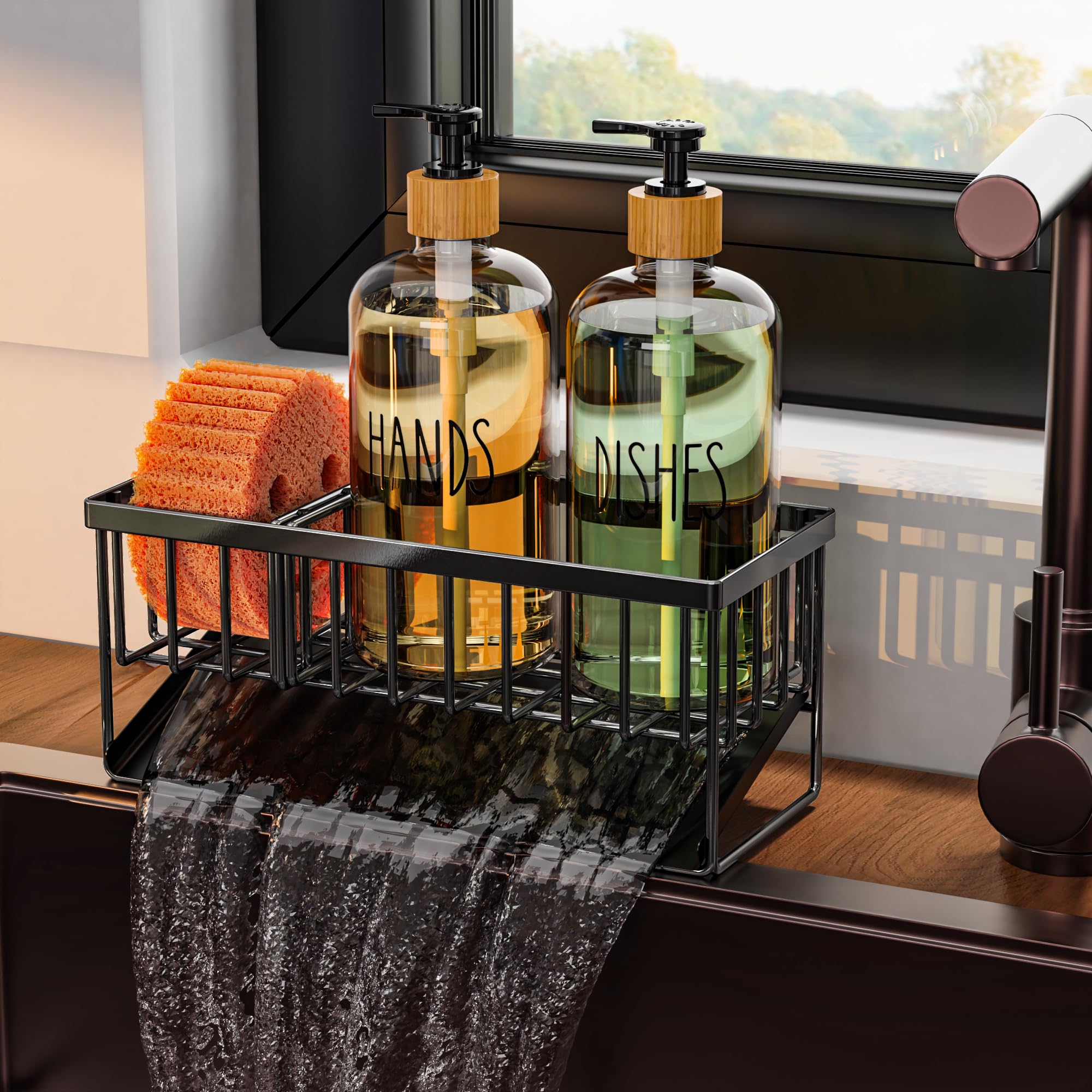 Cisily Kitchen Dish Soap Dispenser Set with 2 Pack 16.9oz Amber Glass Bottle and Sponge Holder, Dish Soap Dispensers with Adjustable Sponge Holder, Vintage Hand and Dish Soap Dispensers Set