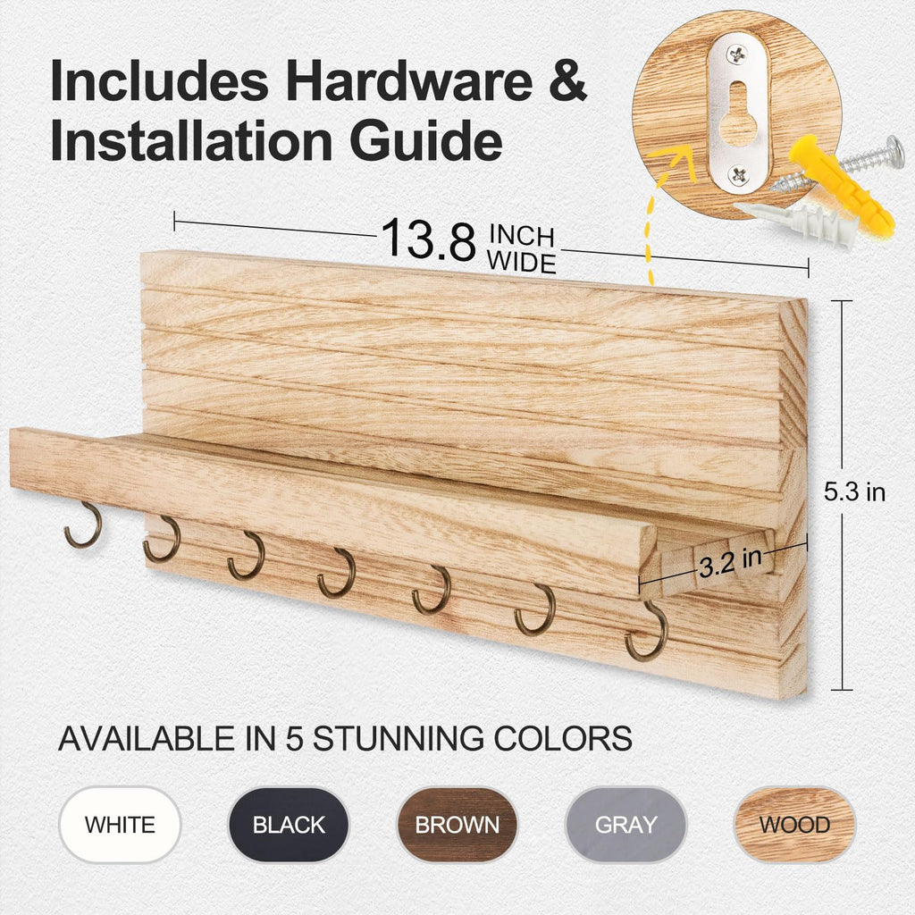 Decorative Key Holder for Wall with Shelf, Entryway Shelf with Hooks Holds Leashes, Jackets and Glasses – Sturdy Wood Keyholder Entrance Hanger with Mounting Hardware (Black, Medium)