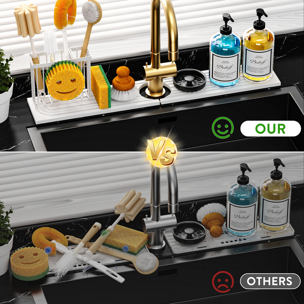 Cisily Tapete de diatomita para grifo de cocina con soporte para escobillas, absorbente para encimera de secado de piedra, área de protección contra salpicaduras de agua, detrás del fregadero de la cocina, organizador de accesorios de decoración