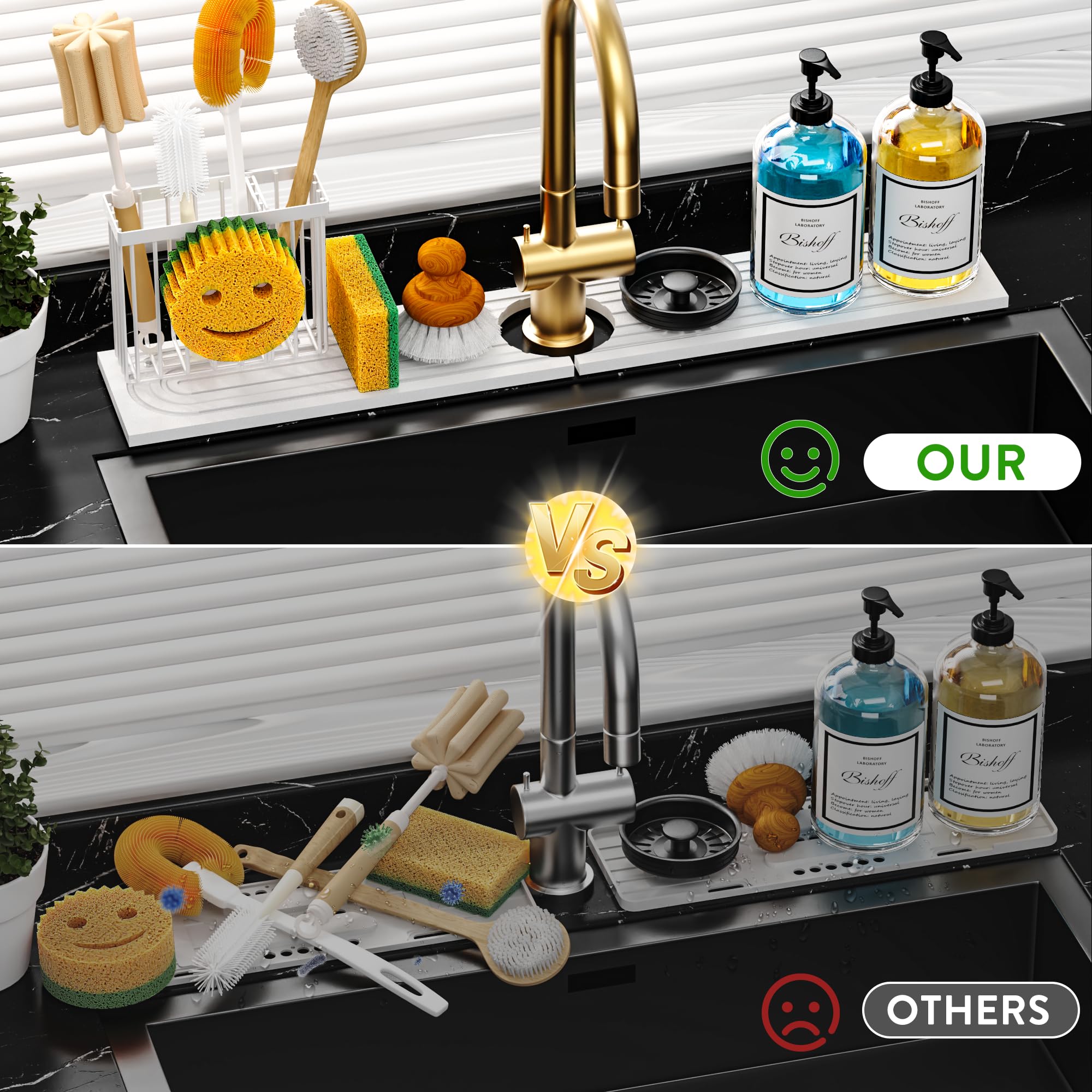 Cisily Tapete de diatomita para grifo de cocina con soporte para escobillas, absorbente para encimera de secado de piedra, área de protección contra salpicaduras de agua, detrás del fregadero de la cocina, organizador de accesorios de decoración
