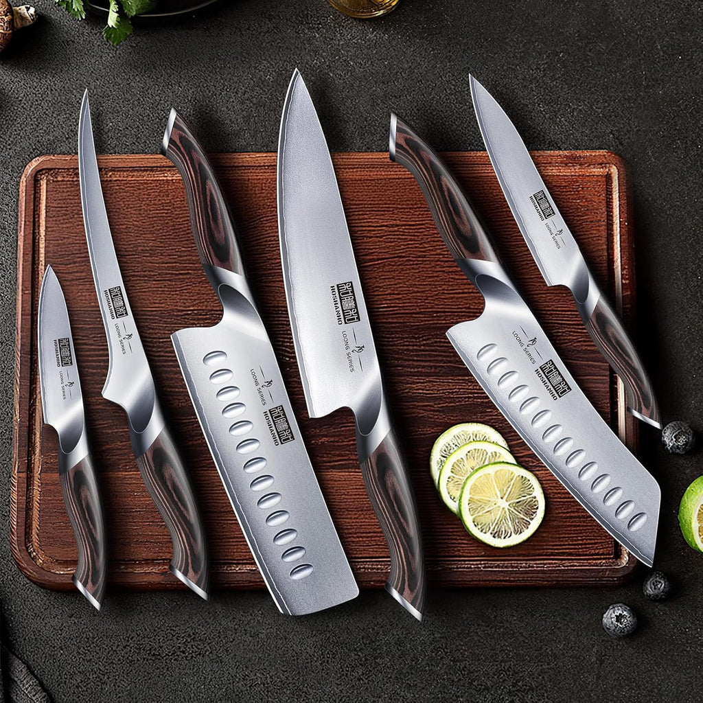 HOSHANHO 7 Pieces Kitchen Knife Set, Japanese High Carbon Stainless Steel Magnetic Knife Block Set, Ultra Sharp Chef Knives Sets with Ergonomic Pakkawood Handle