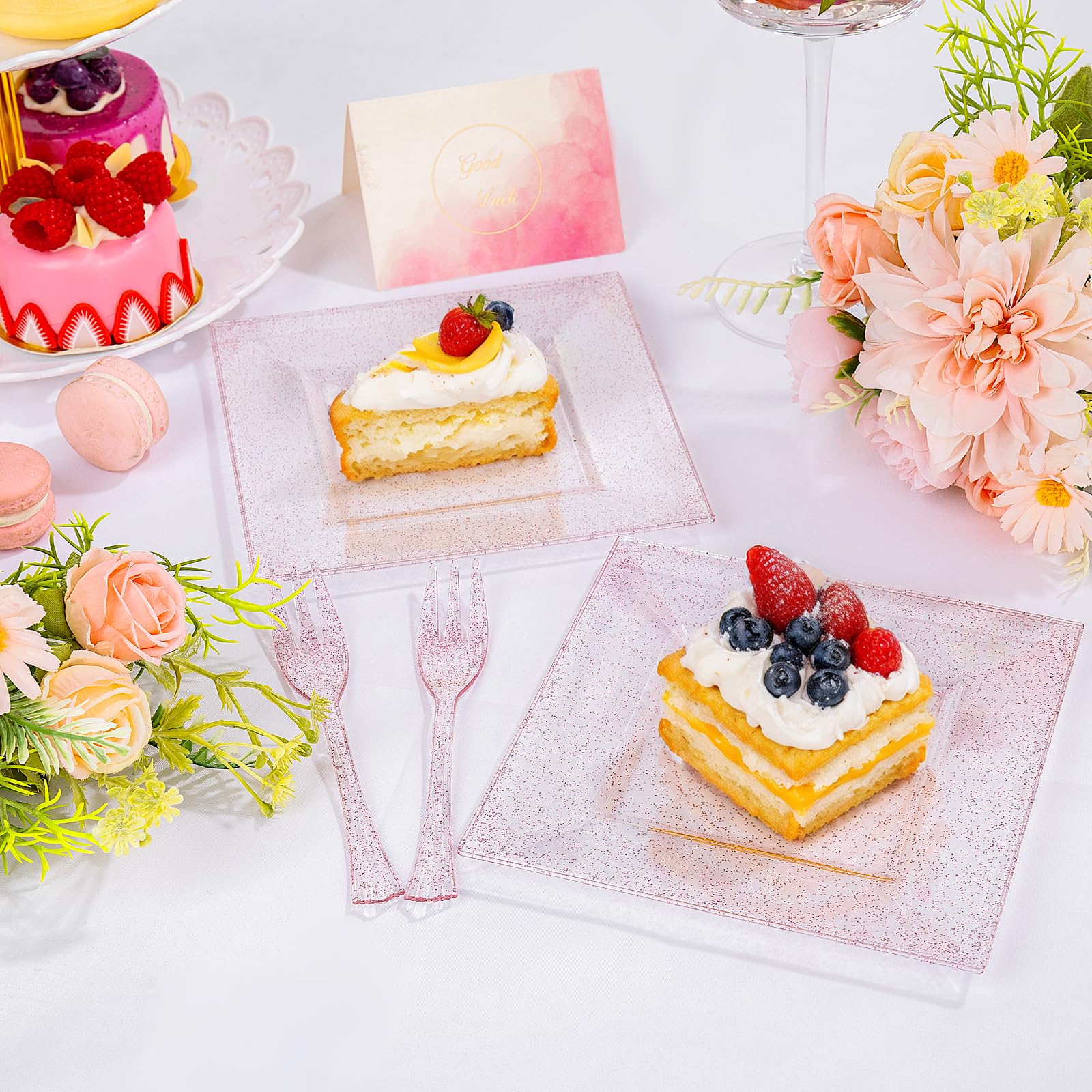 DaYammi 200Pcs Gold Dessert Plates Including 100Pcs Appetizer Plates 6",100Pcs Plastic Forks 5.7",Gold Glitter Plastic Square Plate for Party,Gold Salad Plate and Cake Forks for Party Wedding
