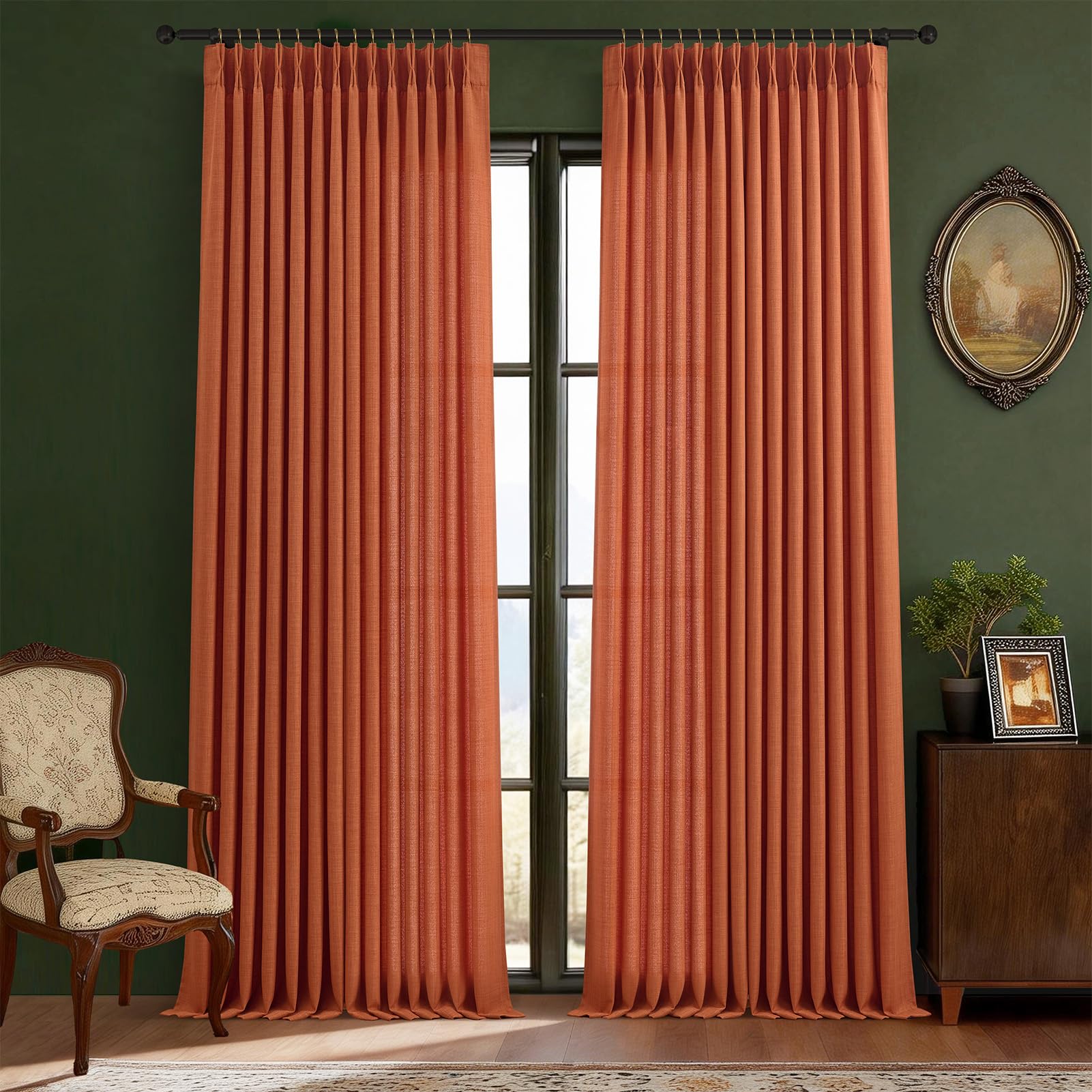 Pinch Pleated Linen Curtains 96 Inches Extra Long Olive Green Drapes, Thick Linen Light Filtering Memory Trained Pleat Curtain for Living Room and Bedroom Privacy 2 Panels Texture with Back Tab