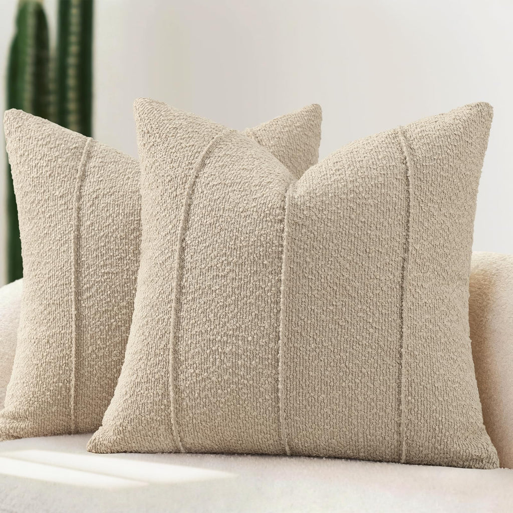 YCOLL Textured Boucle Throw Pillow Covers 20x20 Pack of 2 - Soft Neutral Striped Cushion Covers, Cozy Accent Decorative Pillow Covers for Couch, Sofa, Bed, Living Room (Beige)