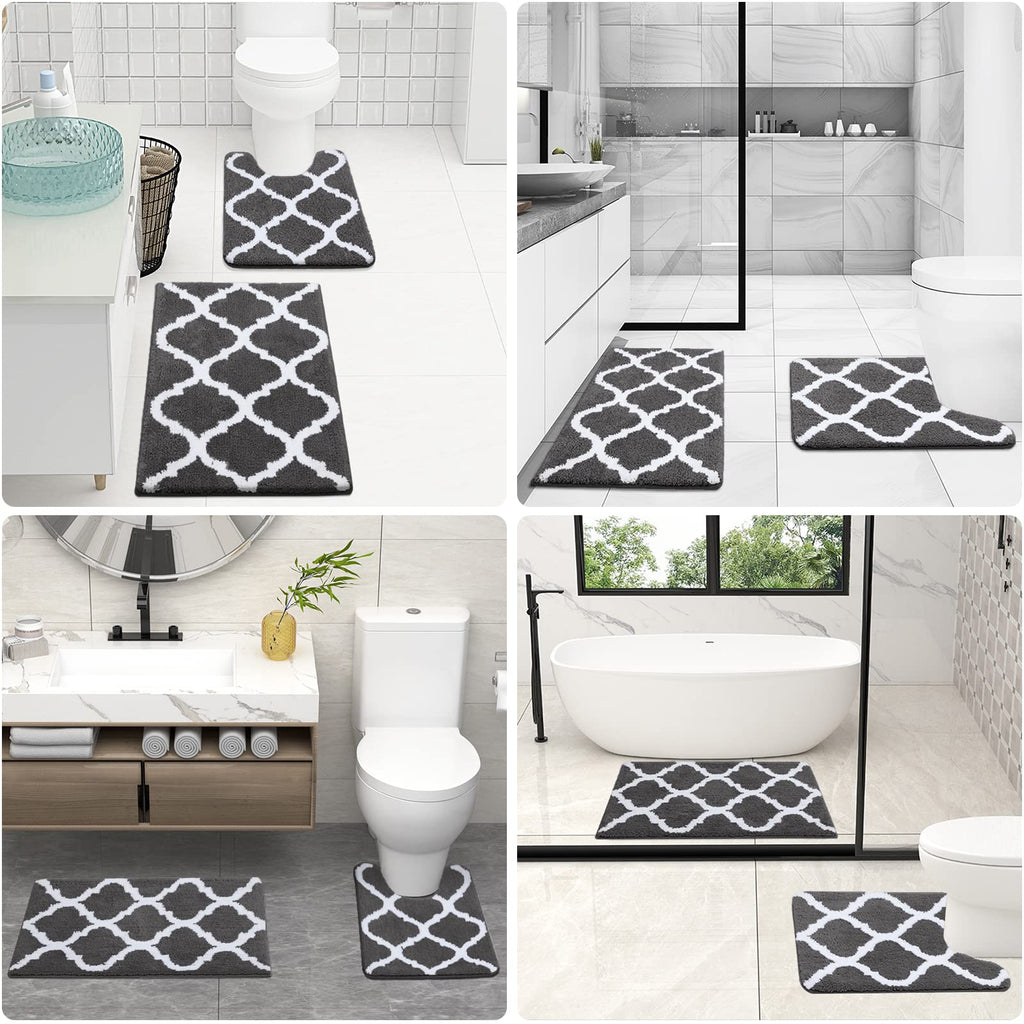 OLANLY Bathroom Rugs Set 2 Piece, Microfiber Bath Shower Mat and U-Shaped Toilet Rug, Machine Wash Dry, Non-Slip Absorbent Shaggy Bath Mats for Tub, Shower and Bathroom (24"x16"+24"x20", Grey)