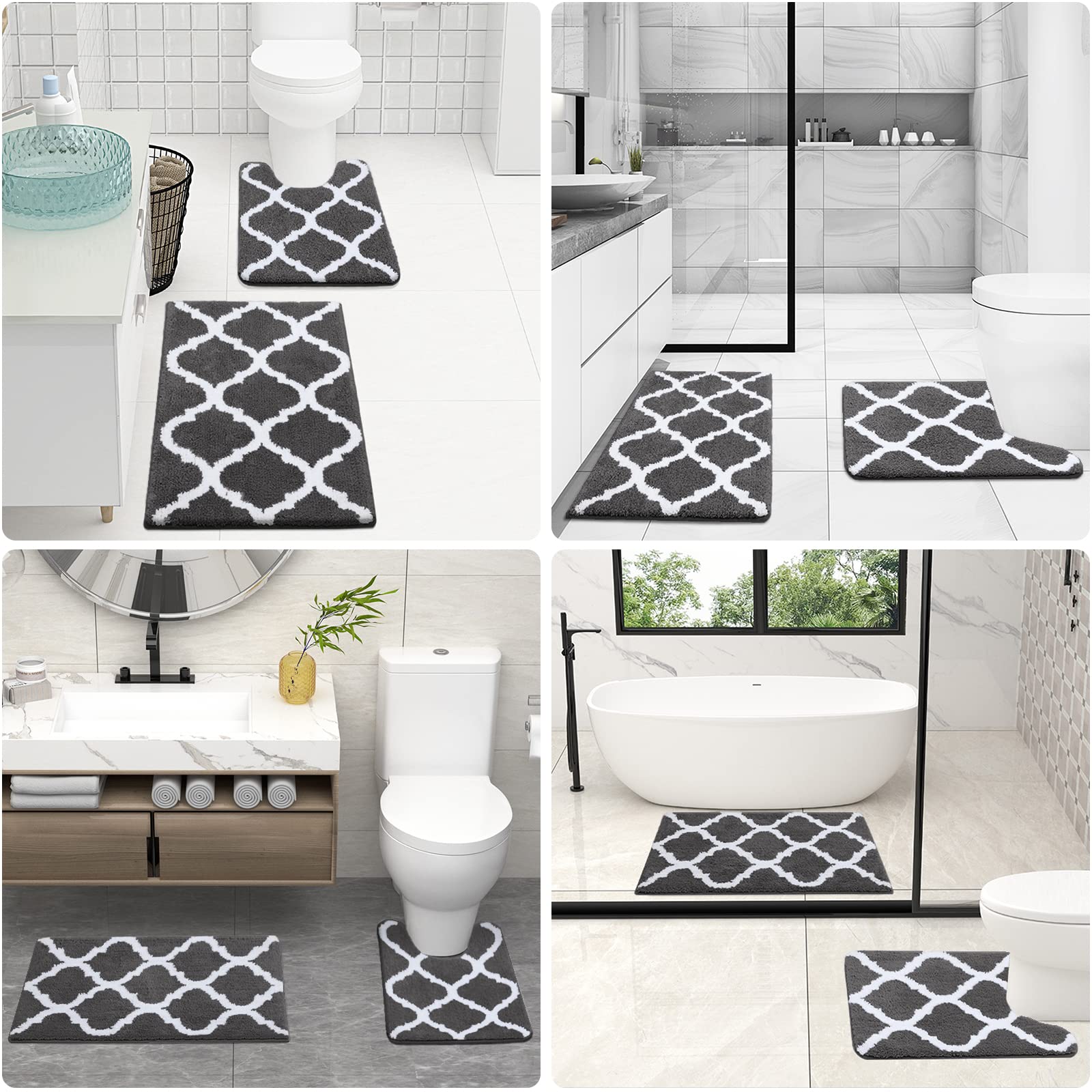 OLANLY Bathroom Rugs Set 2 Piece, Microfiber Bath Shower Mat and U-Shaped Toilet Rug, Machine Wash Dry, Non-Slip Absorbent Shaggy Bath Mats for Tub, Shower and Bathroom (24"x16"+24"x20", Grey)
