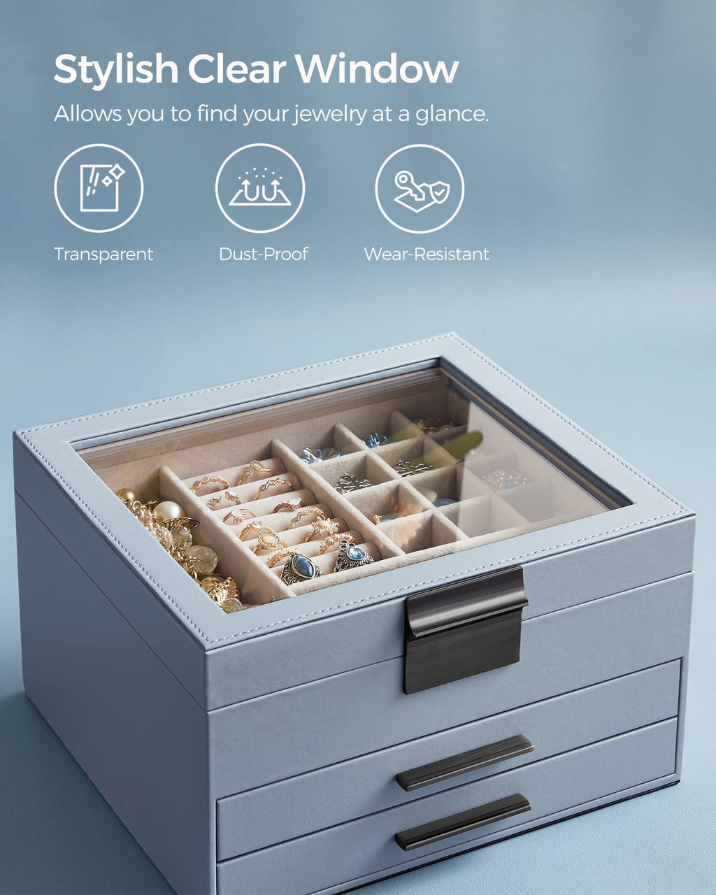 SONGMICS GISELLA Collection - Jewelry Box Organizer, 3-Layer Jewelry Storage with 2 Drawers, Shiny Metal Hardware, Glass Lid, Modern, 8 x 9.1 x 5.3 Inches, Cloud White and Gold Color UJBC239WT