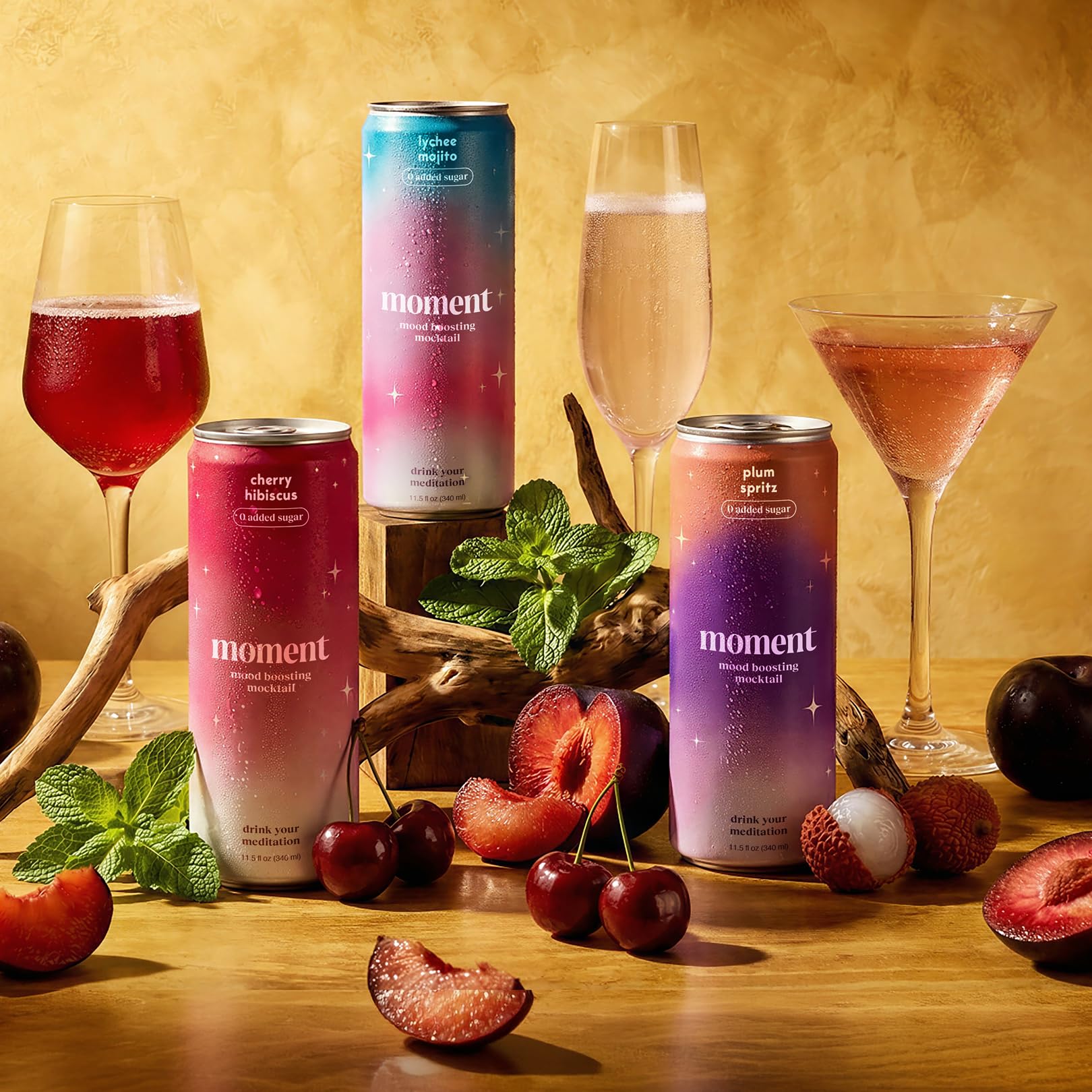Moment Mocktails Non-Alcoholic Drinks (Shark Tank) - Calm, Clarity & Relaxation with L-Theanine & Ashwagandha - Sparkling Adaptogen Drink - 0 Sugar 0 Caffeine - 12 Pack 11.5 fl oz - Classics
