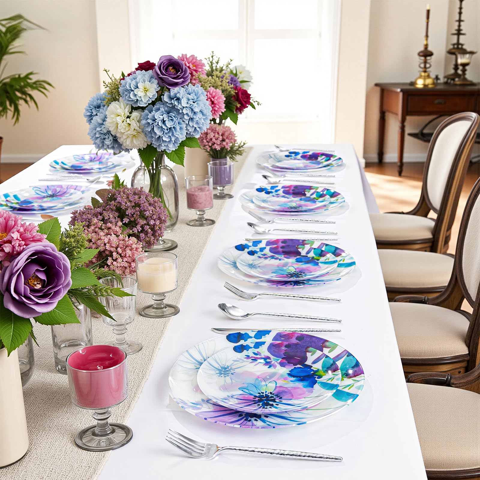 DaYammi 20Pcs Floral Disposable Plastic Plates-Disposable Heavy duty Watercolor Floral Plastic Plates 10.25 inch Dinner plates and 7.5 inch Dessert plates, Disposable Plate for Party Mother's Day