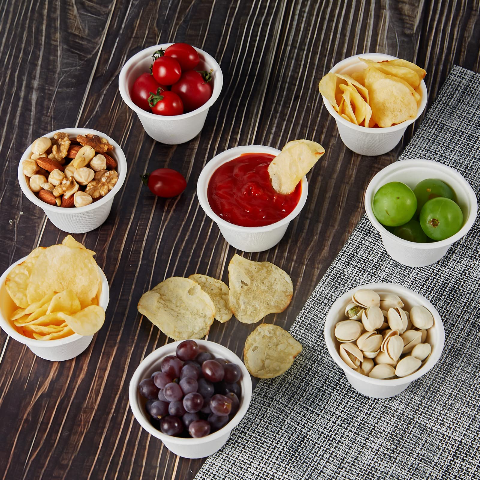 Vplus 500 Pack 2 OZ Disposable Souffle Cups, 100% Compostable Portion Cups, Made From Bagasse Fibe, Perfect For Dips, Food Sample, Jams, Honey, Sauces, Nuts