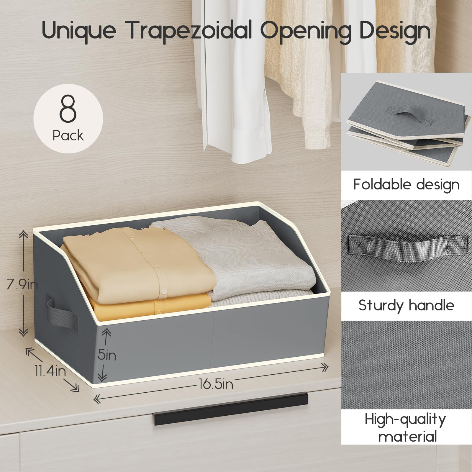 Homsorout Large Closet Organizers and Storage Bins - 8 Pack Trapezoid Storage Baskets for Shelves, Foldable Fabric Baskets with Handles Ideal for Closet, Basket, Wardrobe and Shelf Storage, Beige