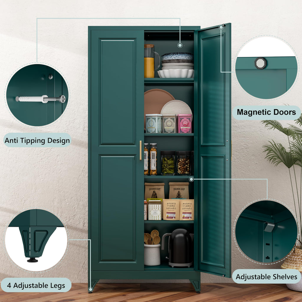 75" Tall Metal Kitchen Storage Cabinet,White Kitchen Pantry Storage Cabinet with Doors and 4 Adjustable Shelves,Utility Cabinet for Living Room,Garage,Dining Room and Office,Assemble Required