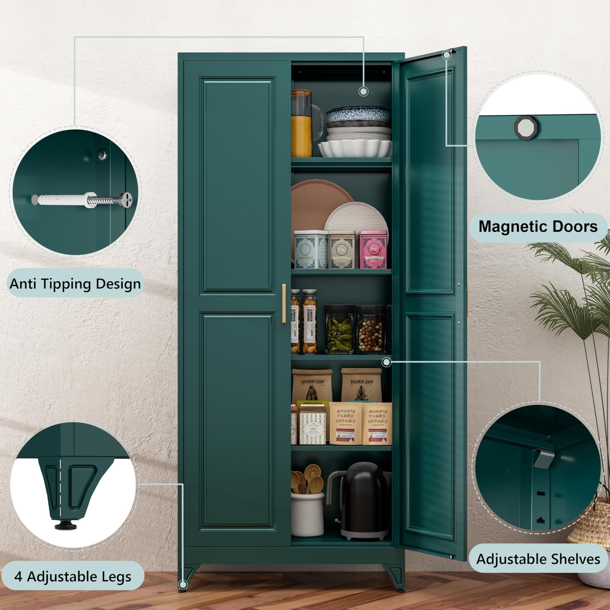 75" Tall Metal Kitchen Storage Cabinet,White Kitchen Pantry Storage Cabinet with Doors and 4 Adjustable Shelves,Utility Cabinet for Living Room,Garage,Dining Room and Office,Assemble Required