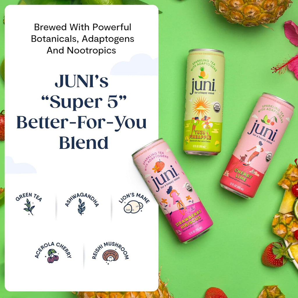 Juni Sparkling Adaptogen Drinks with Ashwagandha, Lion's Mane & Reishi Mushrooms | Zero Sugar, 5 Calories | Strawberry Hibiscus and Peach 24 Pack