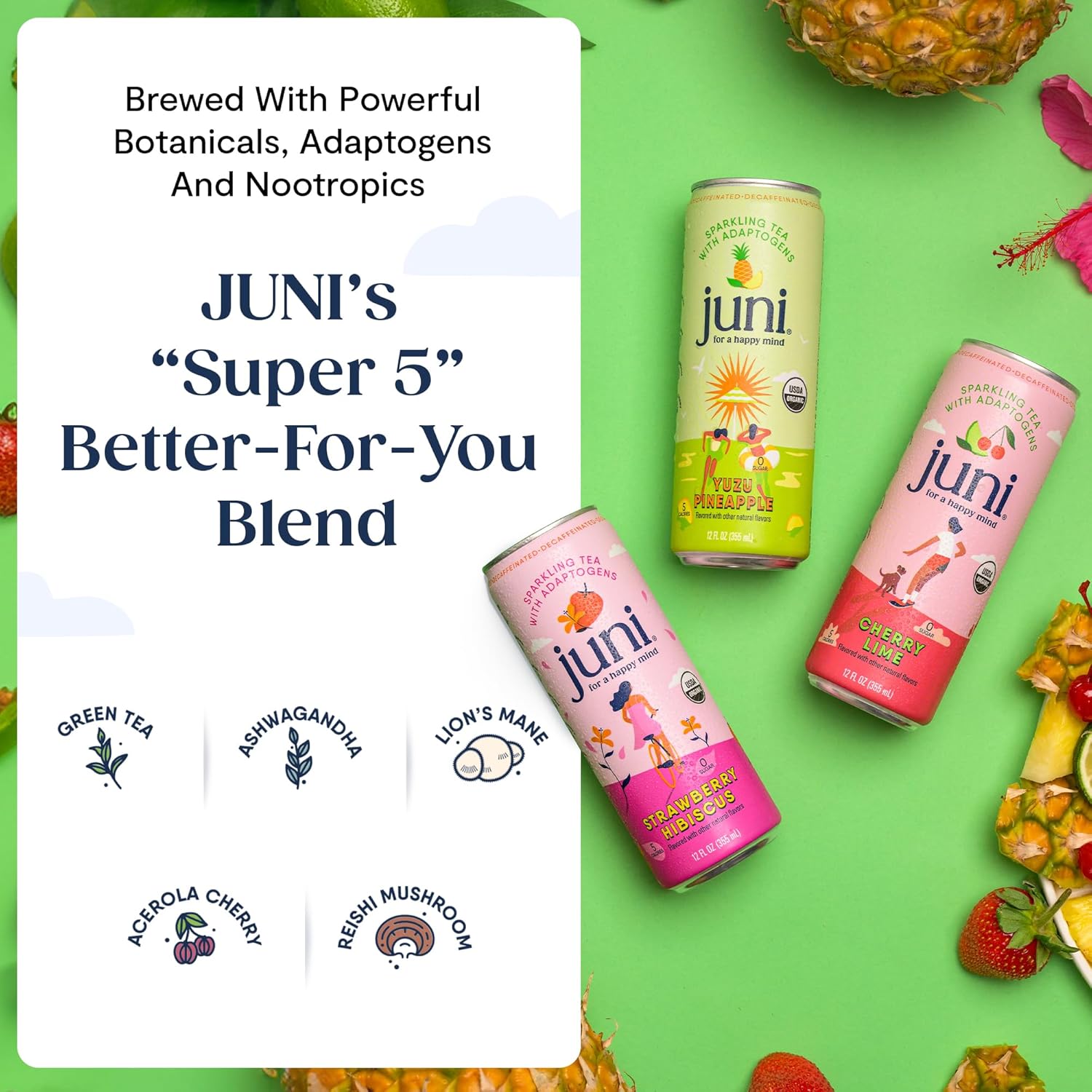Juni Sparkling Adaptogen Drinks with Ashwagandha, Lion's Mane & Reishi Mushrooms | Zero Sugar, 5 Calories | Strawberry Hibiscus and Peach 24 Pack