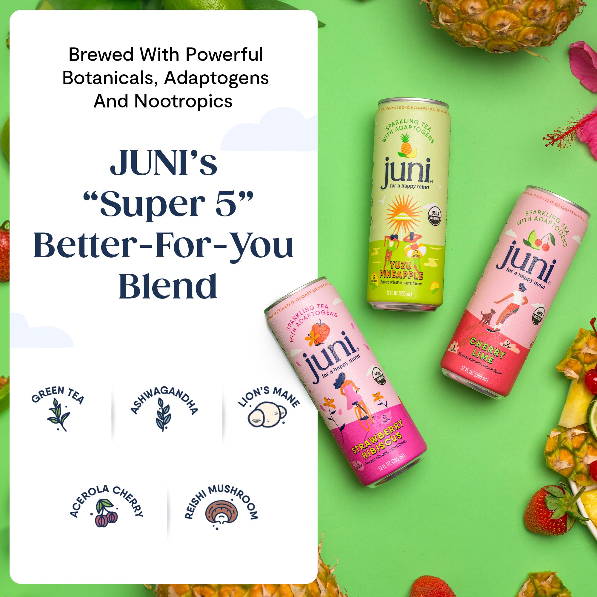 Juni Sparkling Adaptogen Drink with Ashwagandha, Lion’s Mane & Reishi Mushrooms | Green Tea for Focus, Zero Sugar, 5 Calories | Decaffeinated, Non Alcoholic Drinks – Variety Pack (12 Pack)