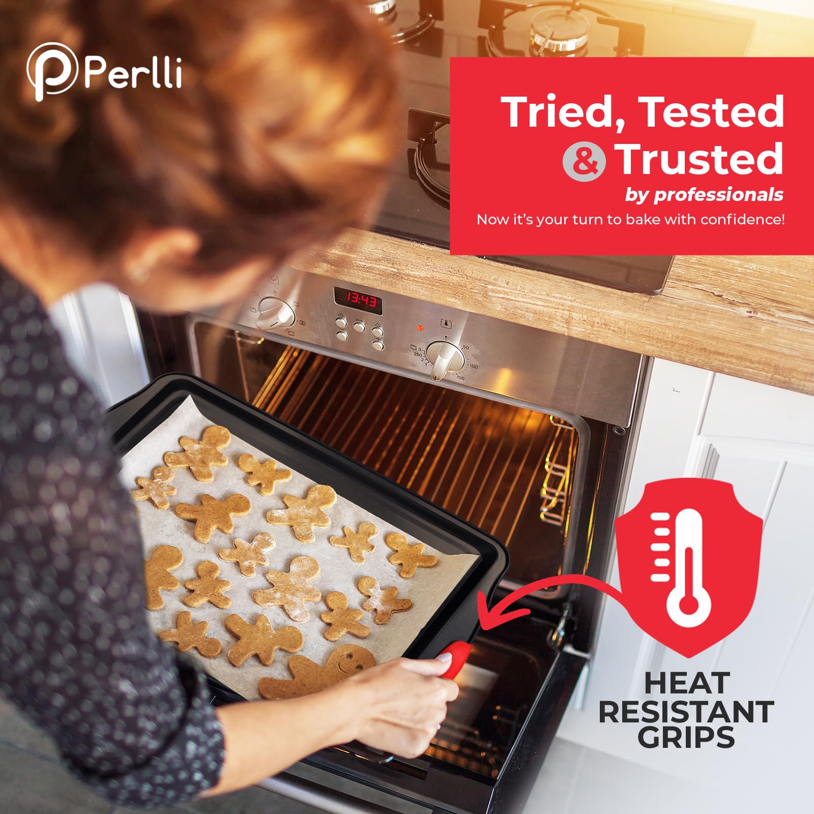 PERLLI Non-Stick 6-Piece Baking Pan Set, BPA-Free Carbon Steel Bakeware Set with Silicone Handles, Stackable Kitchen Oven Set, Cookie Sheet, Baking Tray, Baking Sheet Set, Oven Safe (446°F)