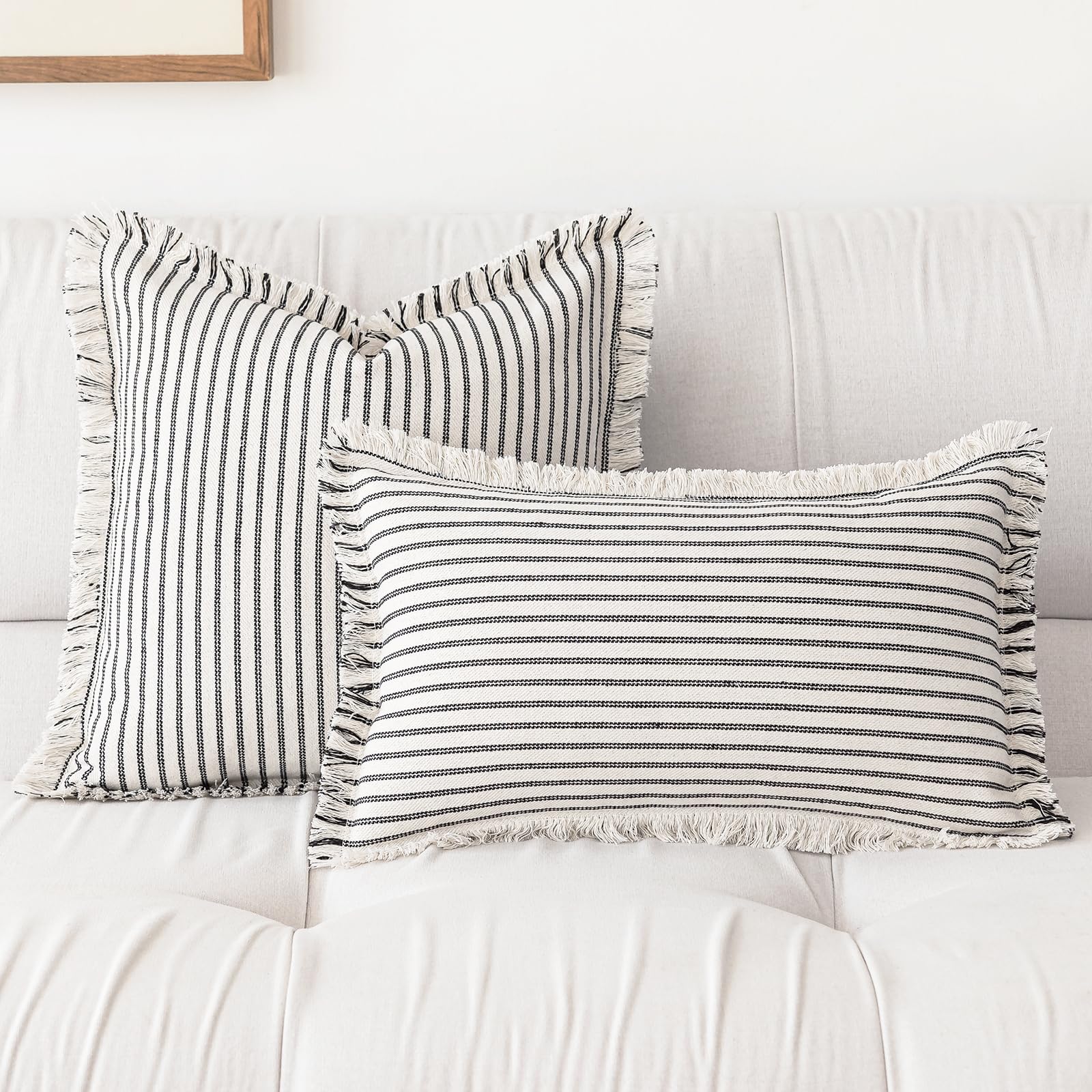 YEENAASY Throw Pillow Covers 20x20 Set of 2 Striped Fringe Pillow Cover Farmhouse Cushion Covers with Tassel Neutral Boho Pillows Decorative Square Pillowcase for Couch Sofa Bed, Black