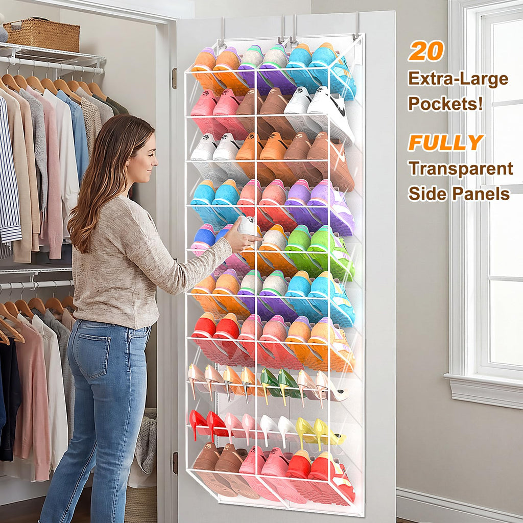 UVIAHOMI 20-30 Pairs Over the Door Shoe Organizer, Clear Pockets Hanging Shoe Storage for Closet, 10-Tier Door Shoes Rack, Handing Shoes Holder Fit All the Family's Sneakers, Boots, Heels, Black