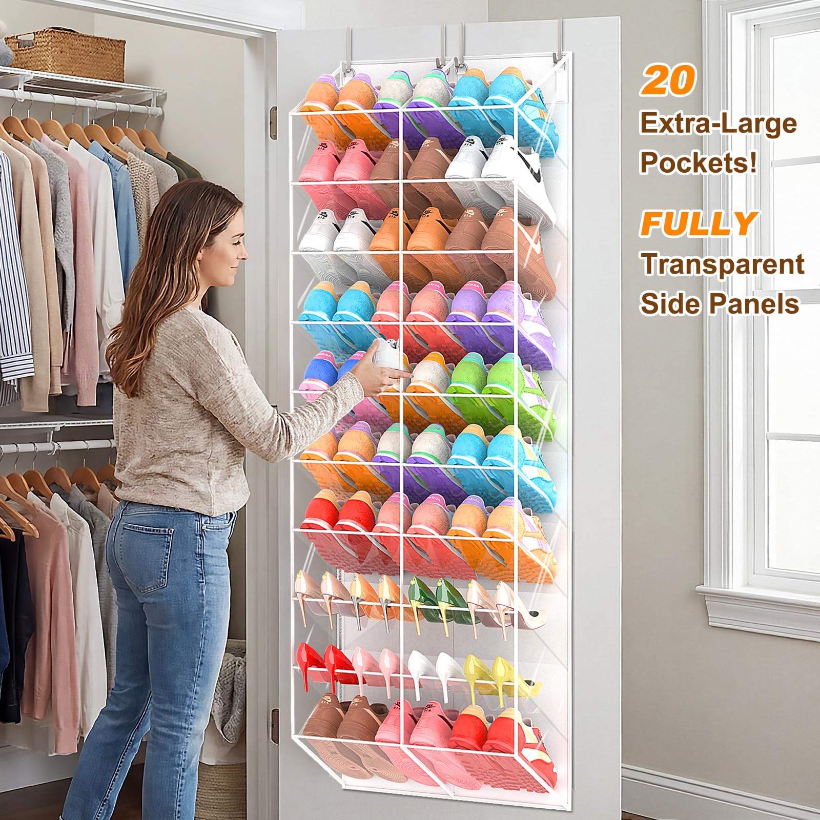 UVIAHOMI 20-30 Pairs Over the Door Shoe Organizer, Clear Pockets Hanging Shoe Storage for Closet, 10-Tier Door Shoes Rack, Handing Shoes Holder Fit All the Family's Sneakers, Boots, Heels, Black