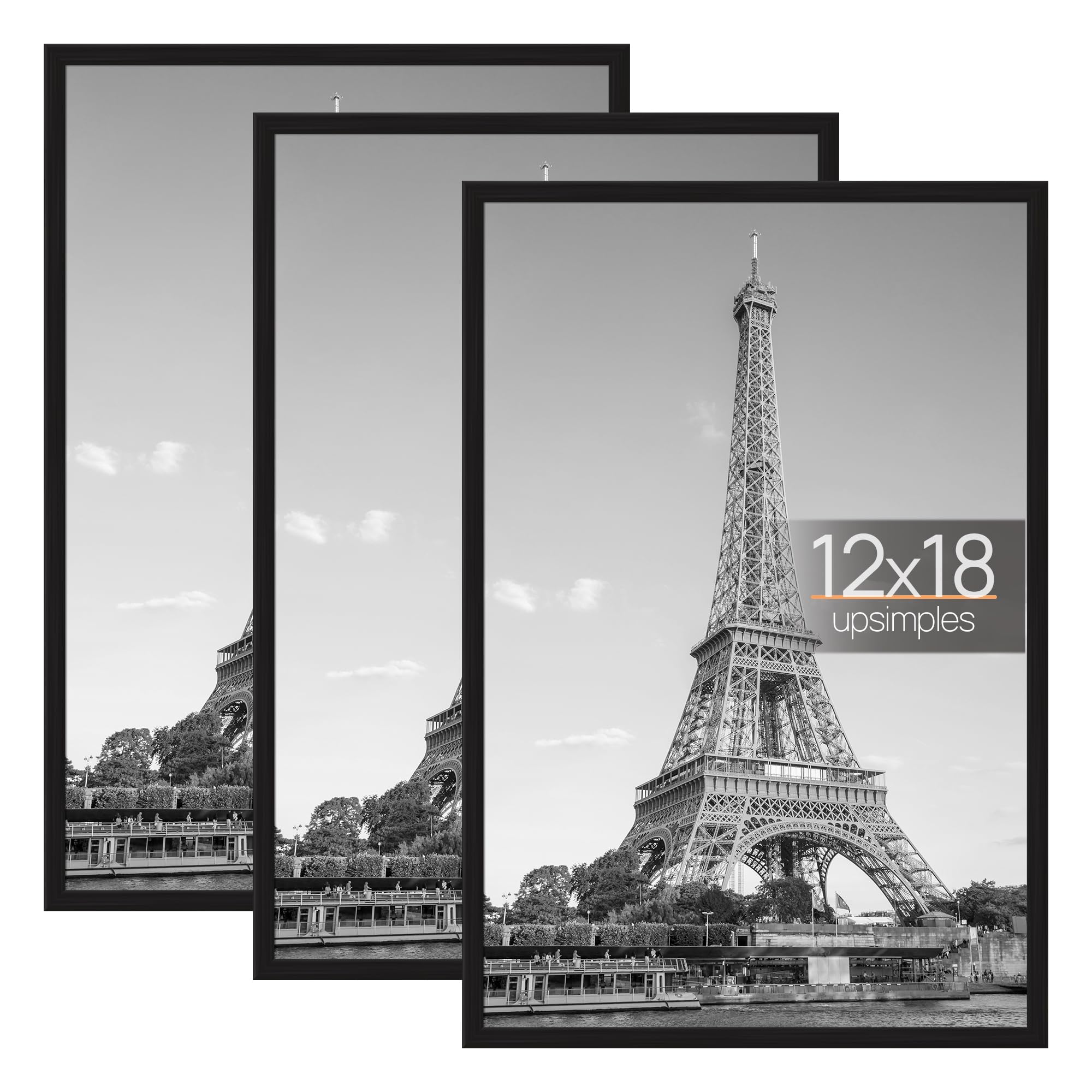upsimples 12x16 Picture Frame Black 3 Pack, Scratch-Proof Poster Frames 12 x 16 for Photo Gallery - Slide-In Strips, Horizontal or Vertical Wall Mounting