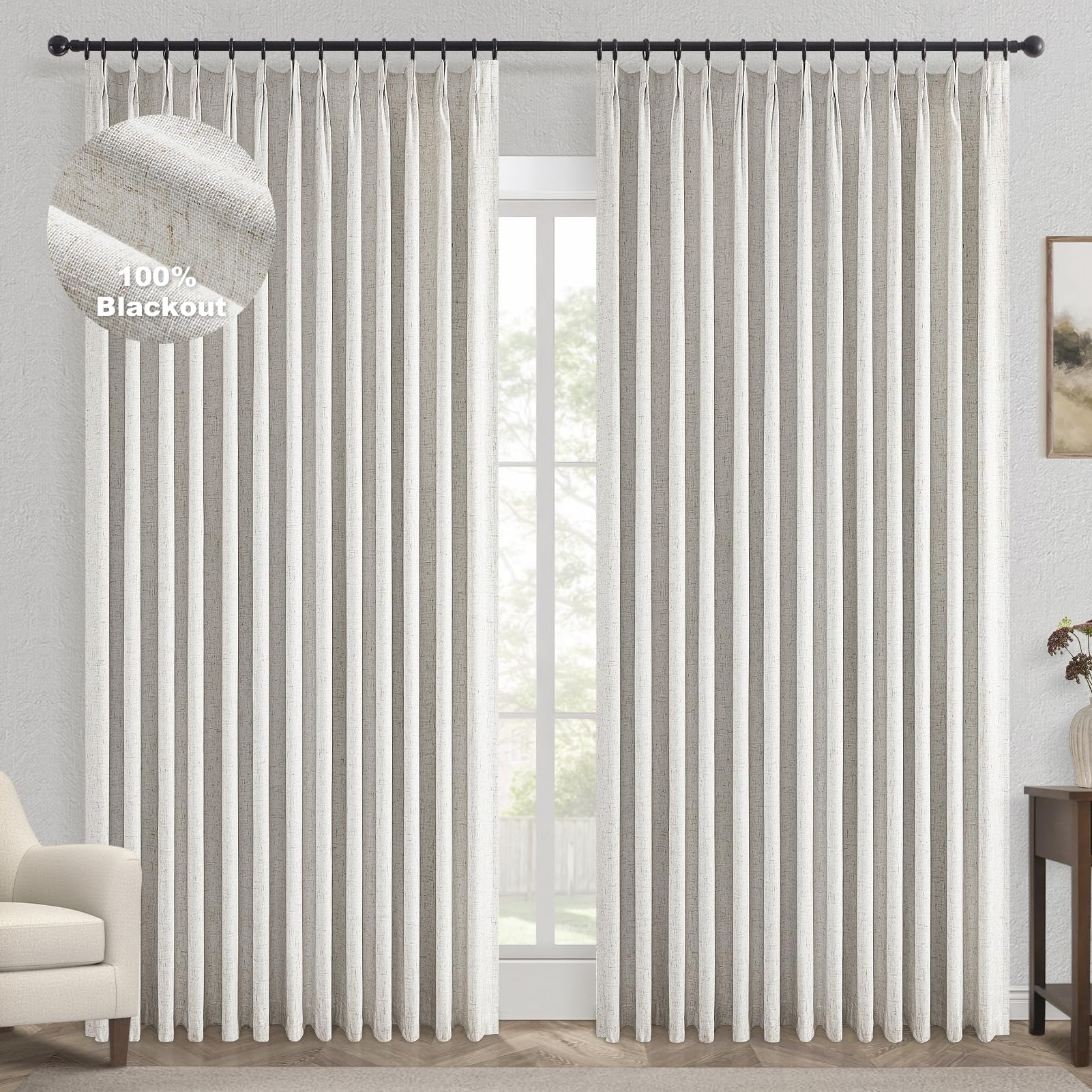 Topfinel Pinch Pleated Curtains 96 Inch Long, 100% Blackout Thermal Insulated Natural Linen Pinch Pleat Viral Drapes with Hooks Rings 2 Panel Sets, Neutral Beige Ivory 8FT Back Tab Window Curtains