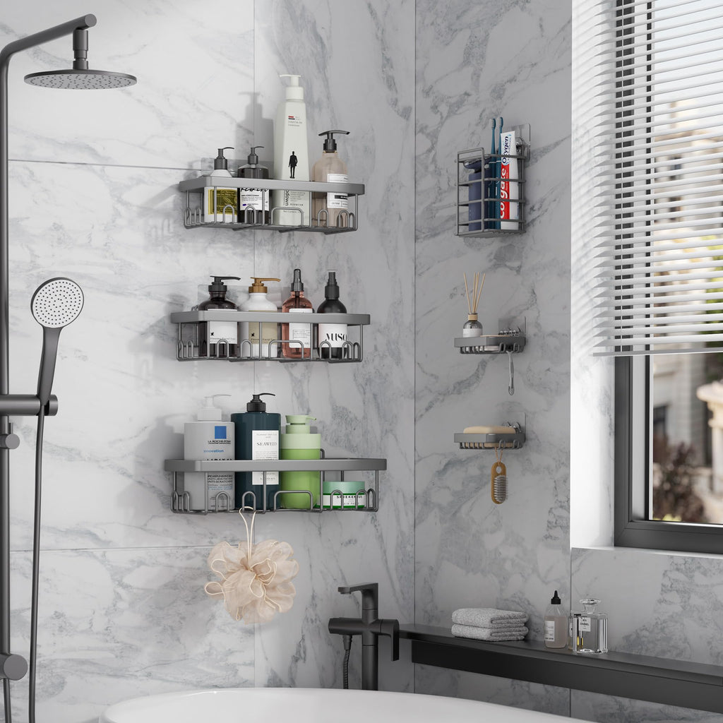 Veken Shower Caddy 6-Pack, Advanced Rustproof Design, No Drilling Adhesive Shelves, Rack with Soap Holder, Large Capacity Bathroom Organizers and Storage, Wall-Mounted Kitchen & Home Decor