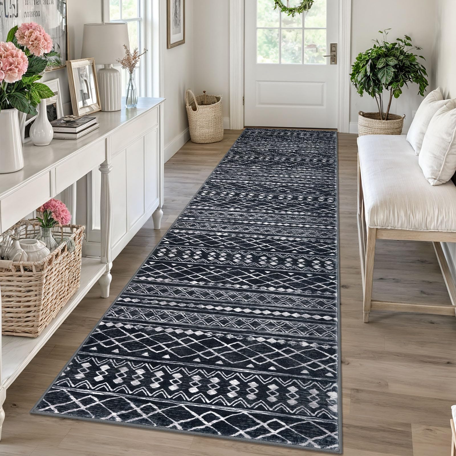 KUTA Washable Non-Slip Rugs for Entryway 2x3, Grey Moroccan Boho Small Area Rug, Ultra Soft Vintage Geometric Low-Pile Indoor Door Mat Floor Carpet for Indoor, Entrance, Kitchen, Bathroom, Bedroom