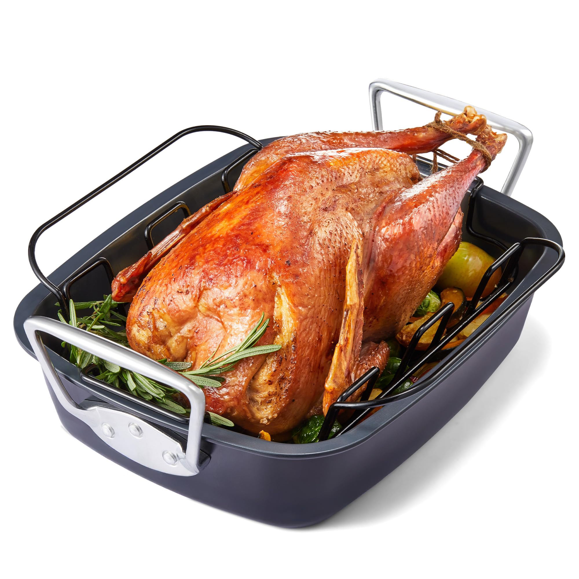 HONGBAKE Ceramic Coated Nonstick Large Turkey Roasting Pan with Rack (U-Shaped), 18.7×13.6 Inch Deep Roaster Pan for 25 lb Turkey & Chicken, Wider Handles, Non Toxic, PFOA & PTFE-Free, Cream & Gray
