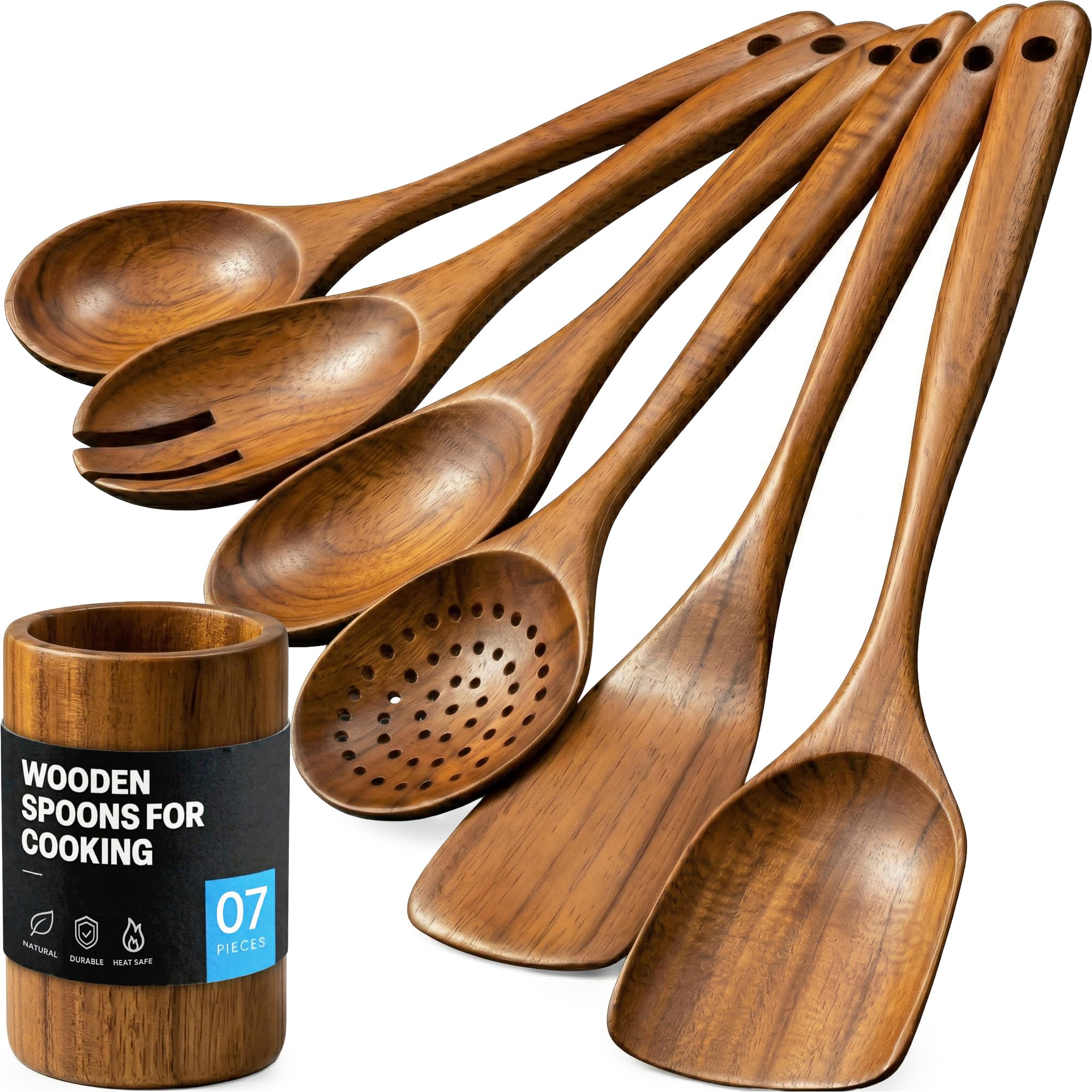 Zulay Kitchen 6 Piece Wooden Spoons for Cooking – Natural Teak Wooden Utensil Set, Easy to Clean, Durable, Smooth with Comfort Grip - Non Toxic Wooden Cooking Utensil Sets