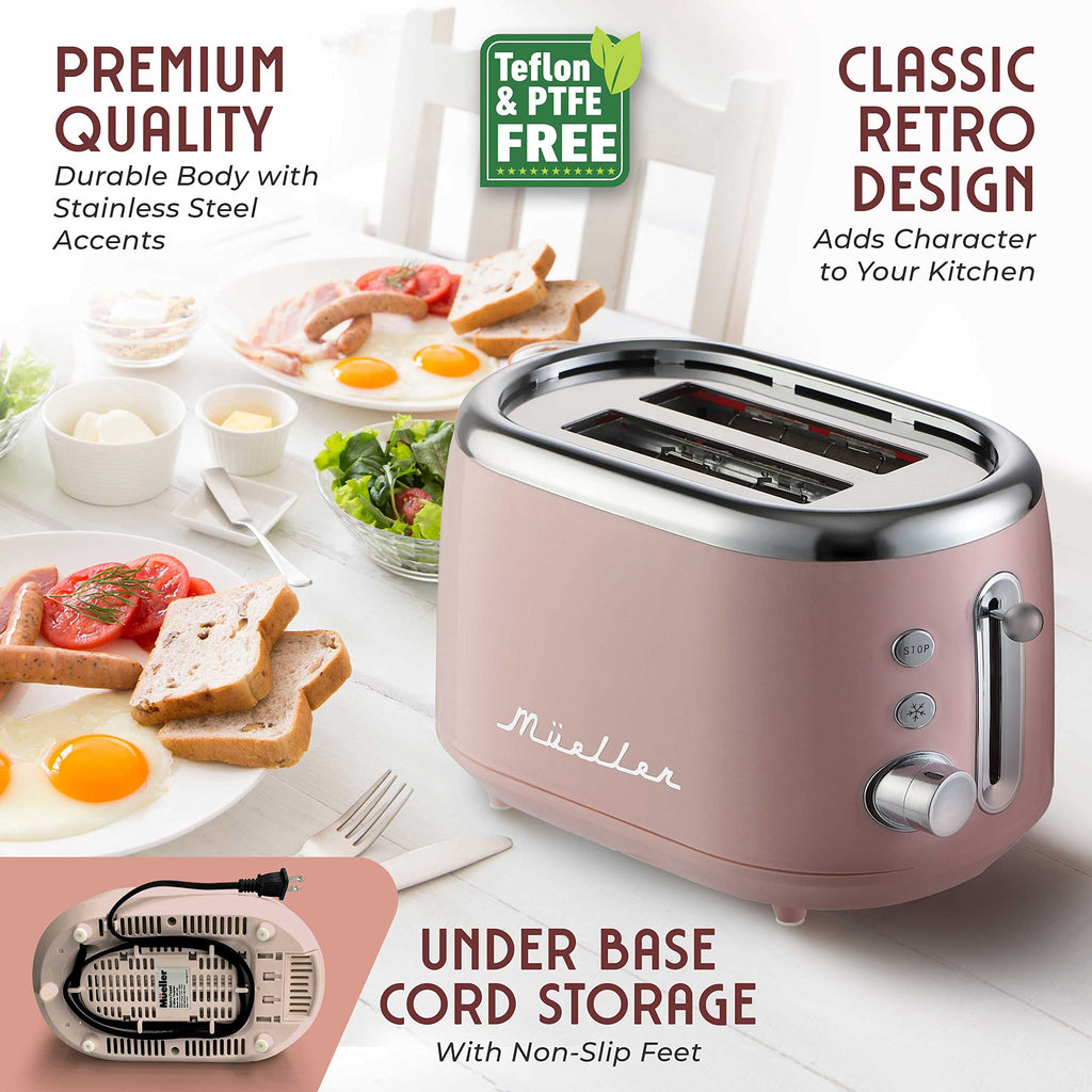 MUELLER HOME Retro Toaster 2 Slice, 7 Browning Levels, 3 Functions (Reheat, Defrost, Cancel), Stainless Steel Features, Removable Crumb Tray, Under Base Cord Storage, Turquoise