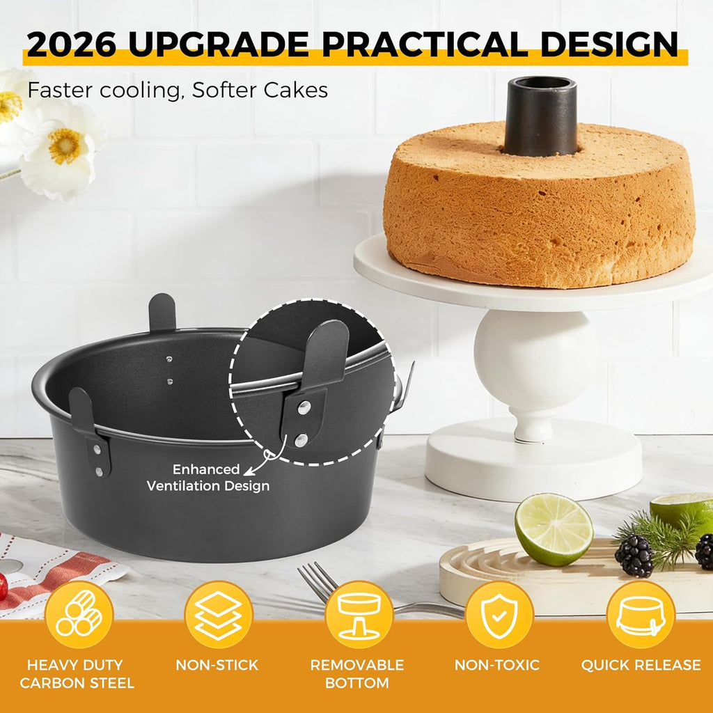 HONGBAKE Angel Food Cake Pan with Removable Bottom, 10 inch Carbon Steel Bundt Cake Pan for Baking, Non-stick Pound Tube Pans for Cakes, 16-Cup, Heavy Duty - Dark Grey