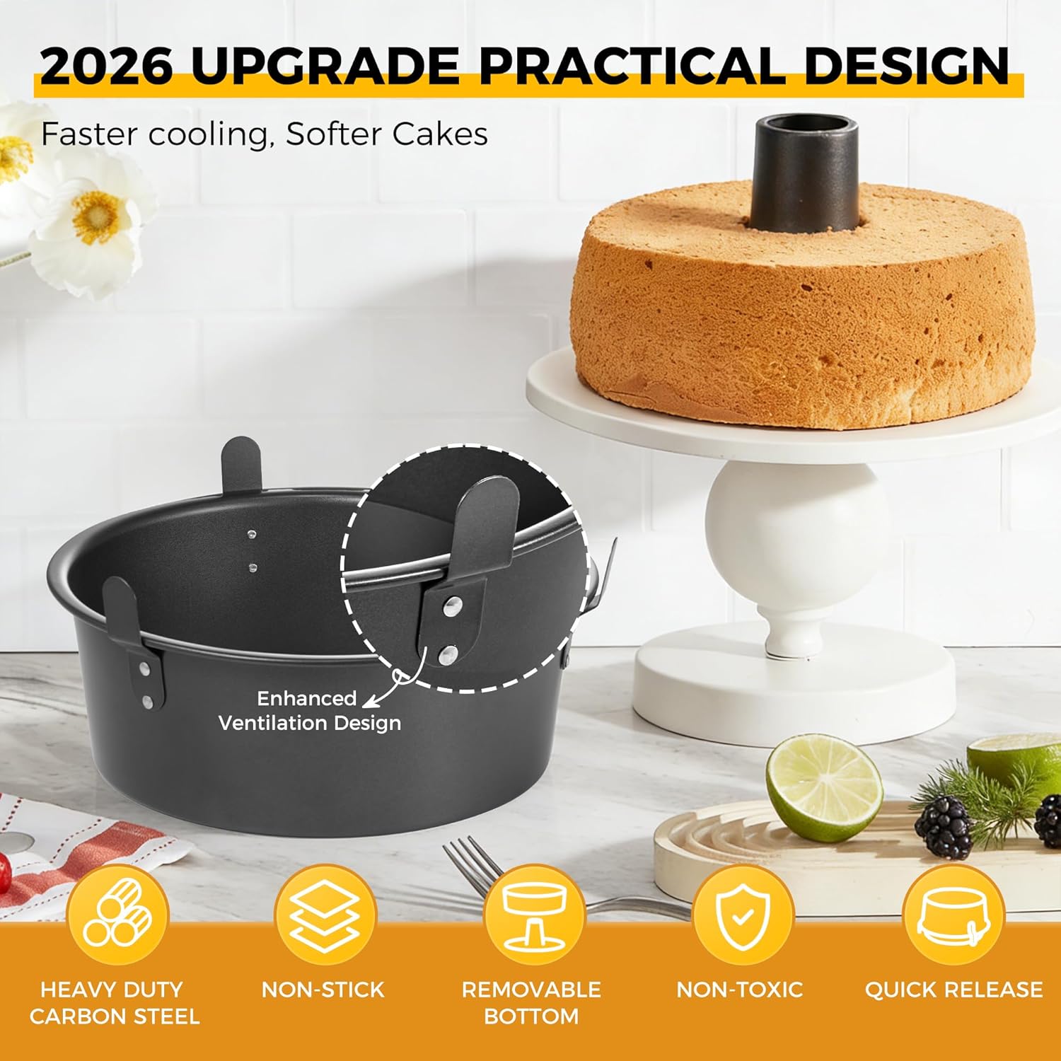 HONGBAKE Angel Food Cake Pan with Removable Bottom, 10 inch Carbon Steel Bundt Cake Pan for Baking, Non-stick Pound Tube Pans for Cakes, 16-Cup, Heavy Duty - Dark Grey
