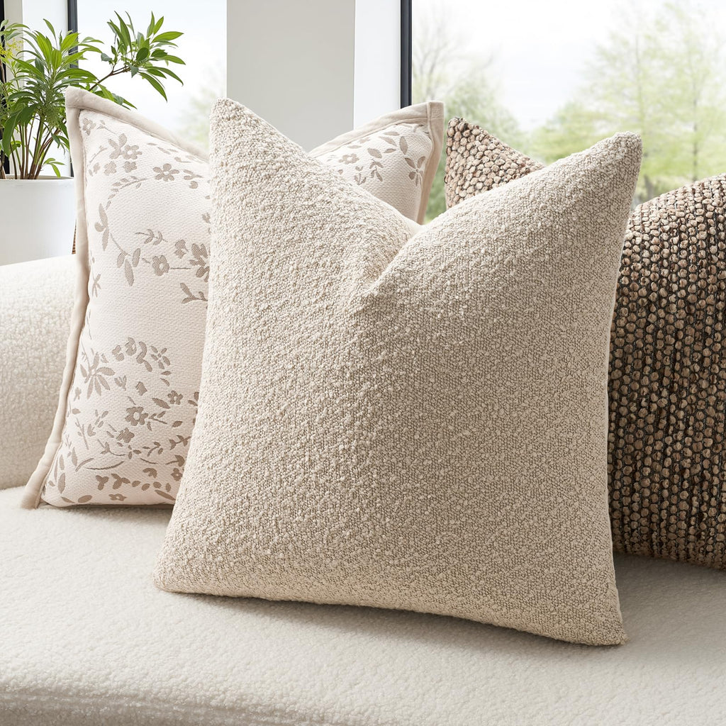 Topfinel Boucle Decorative Pillow Covers 18x18 Inches Set of 4 Neutral Cream Ivory White Pillowcase with Linen Cotton Back Chair Sofa Modern & Minimal Living Room Spring Home Decor