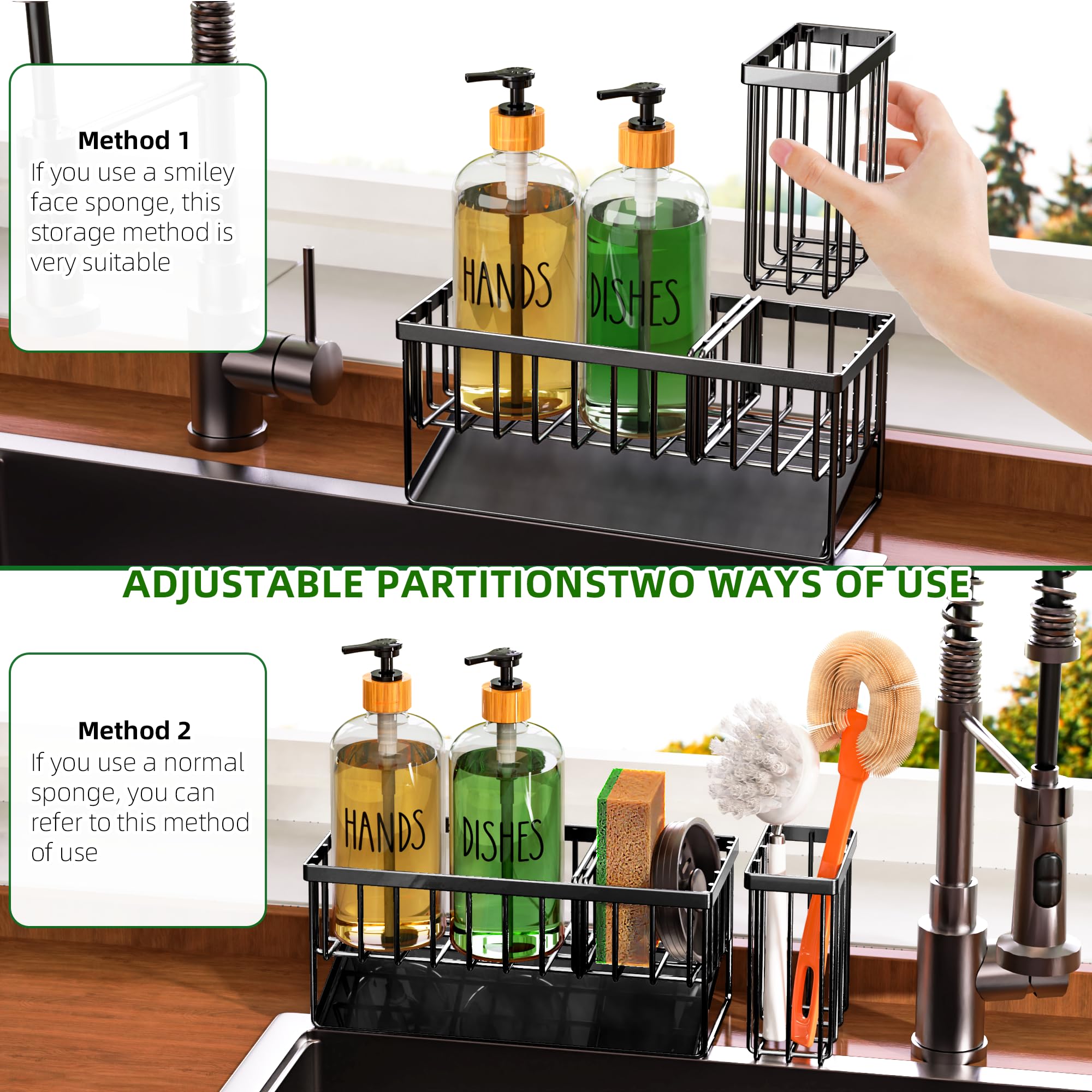 Cisily Kitchen Dish Soap Dispenser Set with 2 Pack 16.9oz Amber Glass Bottle and Sponge Holder, Dish Soap Dispensers with Adjustable Sponge Holder, Vintage Hand and Dish Soap Dispensers Set