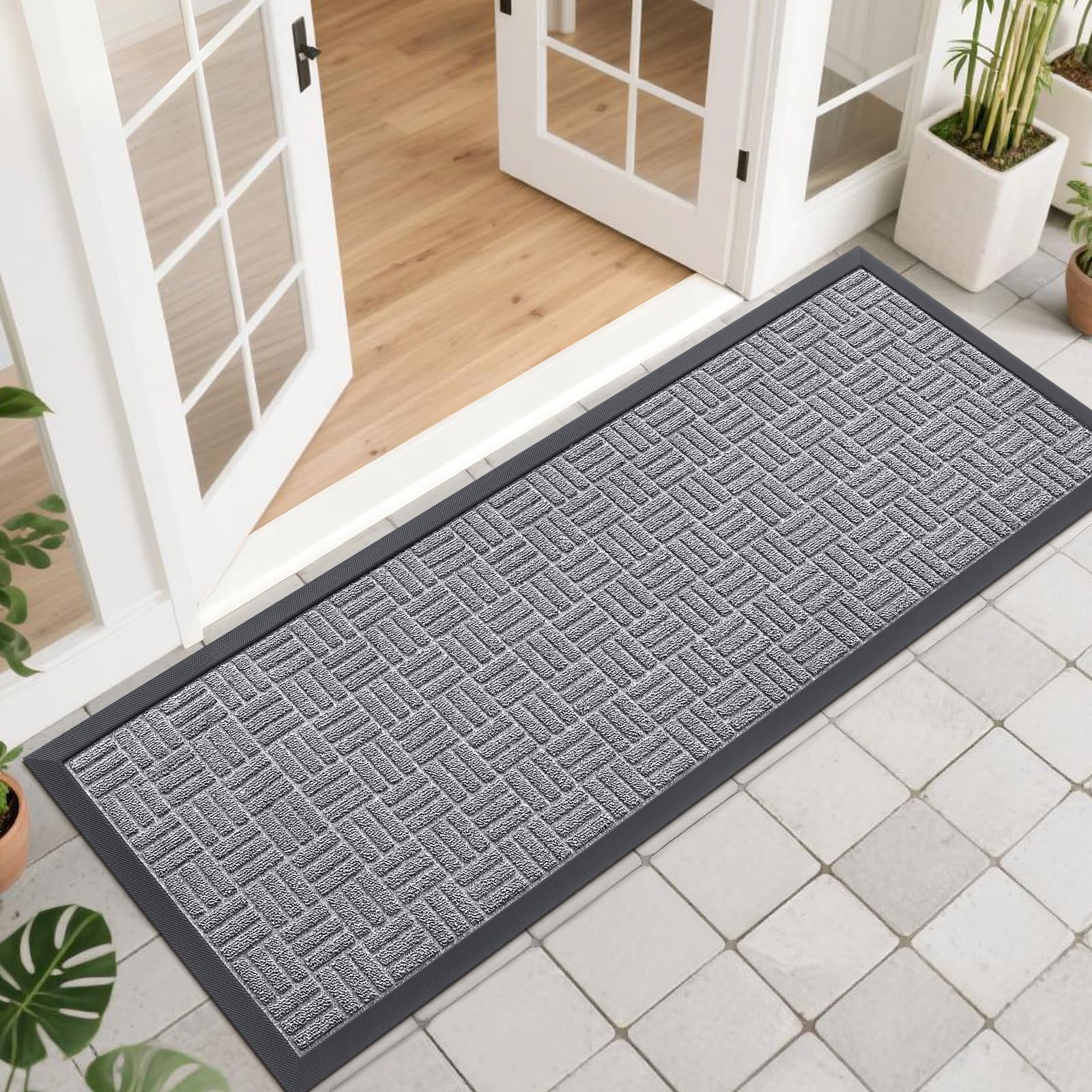 OLANLY Front Door Mat Outside Entrance 29.5x17, Absorbent, Heavy Duty Sturdy Natural Rubber Doormat Indoor Outdoor, Stain and Fade Resistant, Non-Slip Backing Low Profile Floor Mat for Entryway, Grey