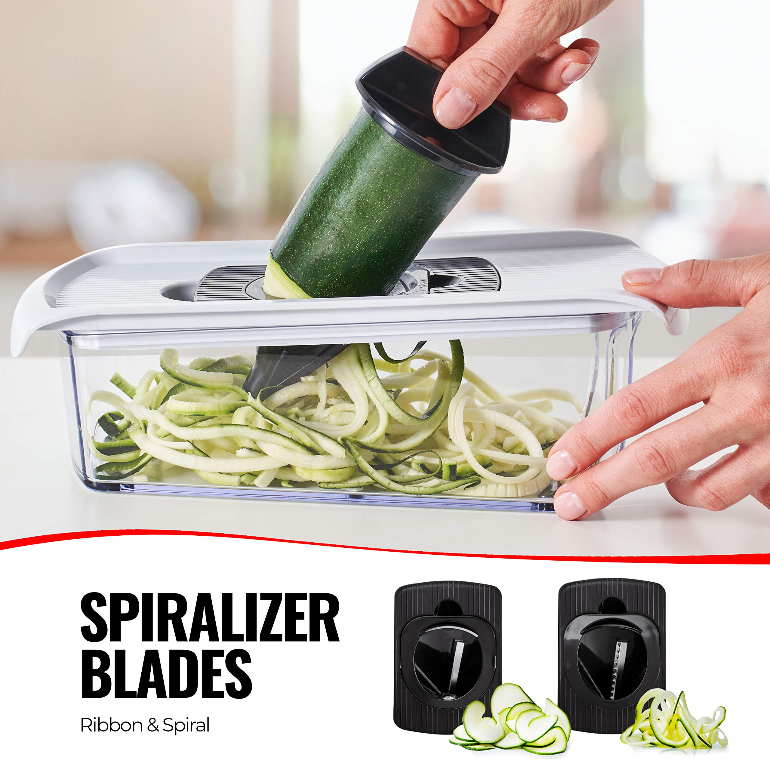 Fullstar Mandoline Slicer for Kitchen, Fruit Cutter, Cheese Grater, Cucumber Slicer, Veggie Spiralizer, Food Cutter & Kitchen Gadgets & Gifts with Safety Glove (6 in 1, White)