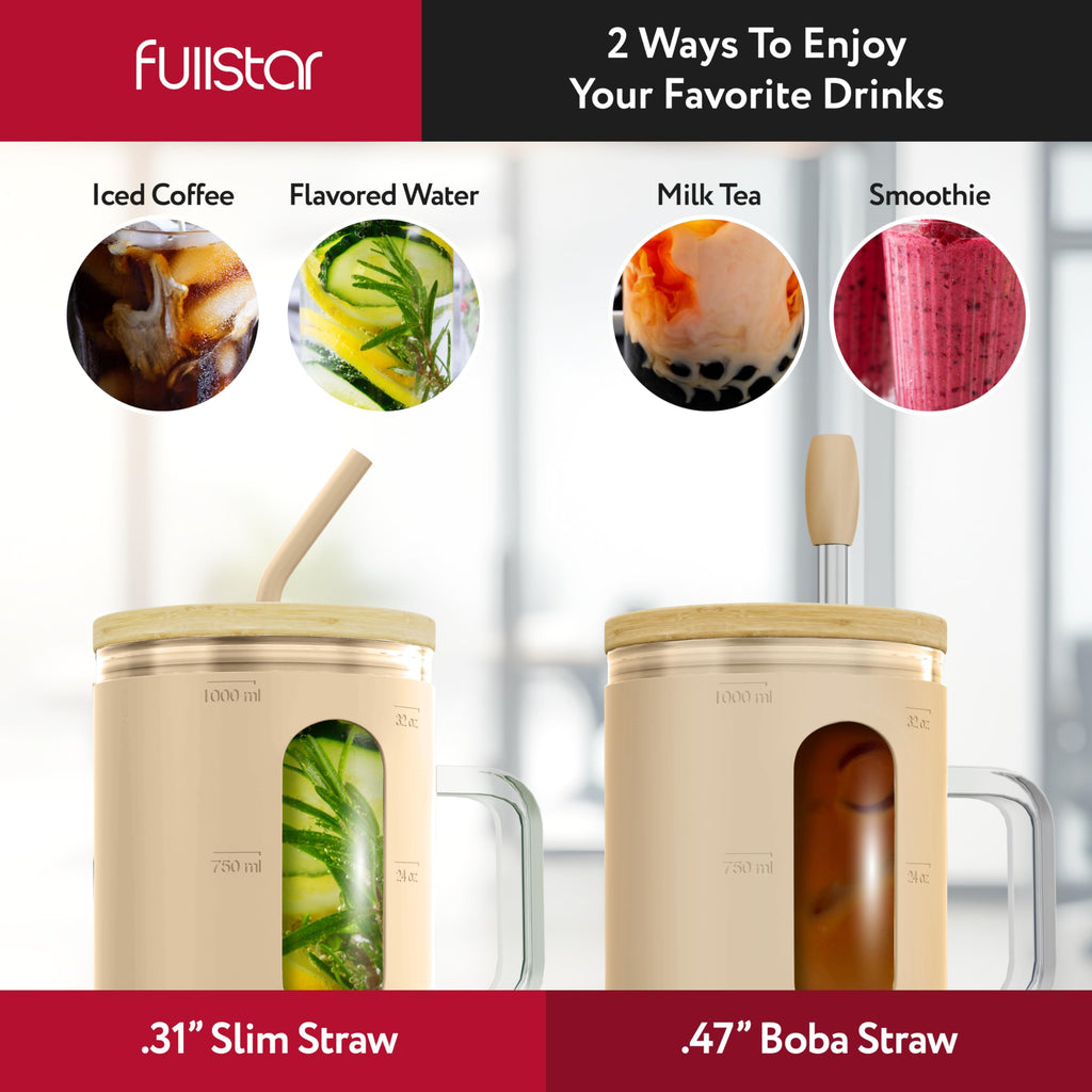 fullstar Glass Cups with Lids and Straws - Drinking Glasses, Glass Tumbler with Straw and Lid, Iced Coffee Cup with Bamboo Lids (Nude, 1 Pack)