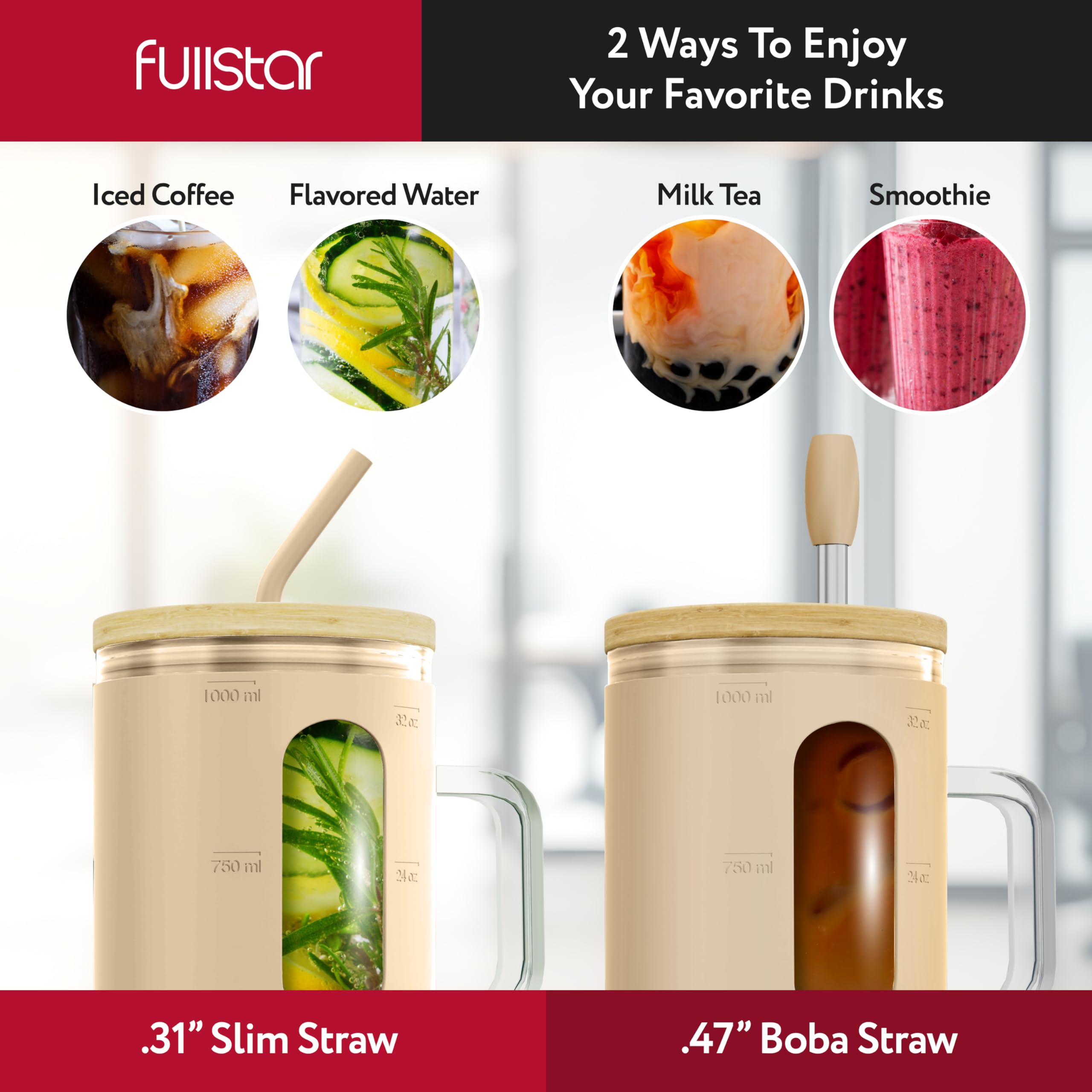 fullstar Glass Cups with Lids and Straws - Drinking Glasses, Glass Tumbler with Straw and Lid, Iced Coffee Cup with Bamboo Lids (Nude, 1 Pack)