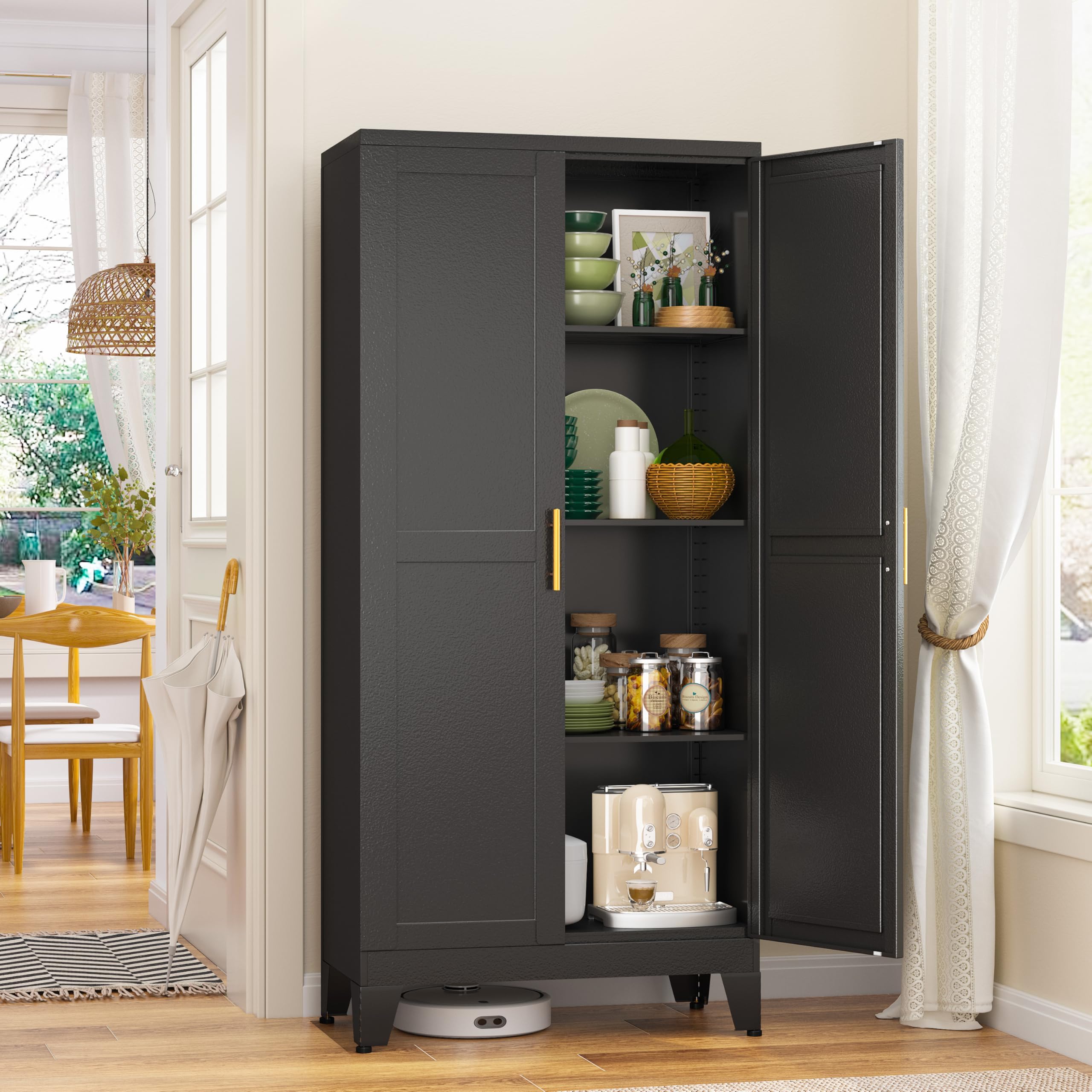 GAIOUS Metal Pantry Cabinet, Kitchen Pantry Storage Cabinets with 2 Door and 3 Adjustable Shelves, White Kitchen Pantry Cabinet, Freestanding Cupboard for Dining Room Living Room Bathroom