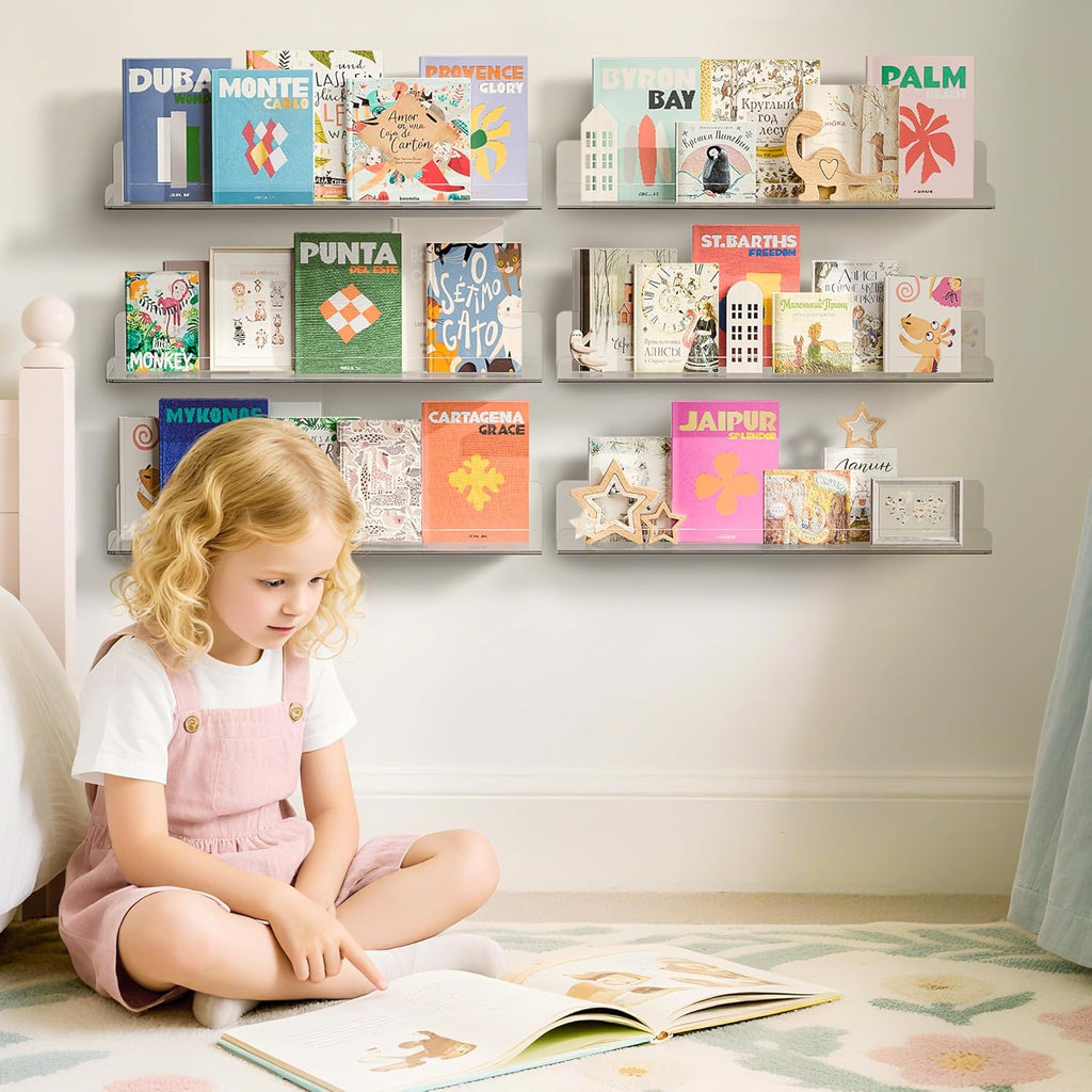 upsimples 6 Pack Acrylic Shelves for Wall Storage, 15" x 4“ Floating Bookshelves for Kids, Display Shelf Organizer for Bathroom, Bedroom, Living Room, Kitchen, Room Decor, Clear