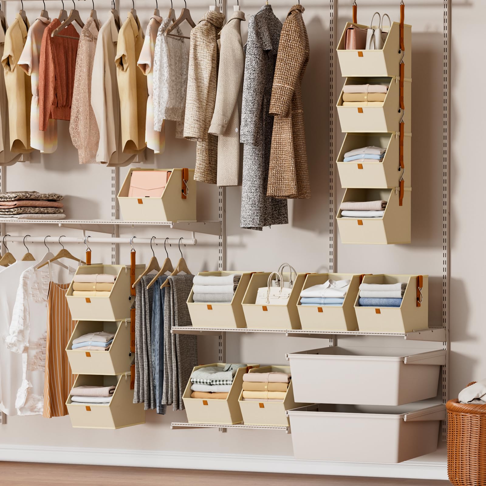 Homsorout Hanging Closet Organizer 4 Tier - Clothes Hanging Shelves, Space-Saving Closet System, Fabric Storage Bins Bedroom Organization, Collapsible Baskets for Home, Dorm, Rv, Beige