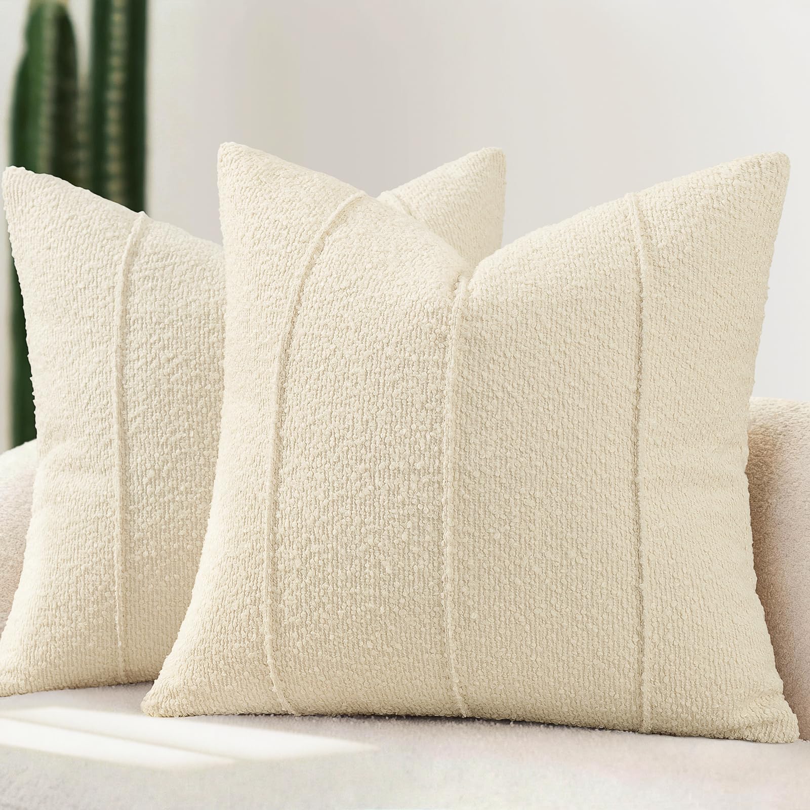 YCOLL Textured Boucle Throw Pillow Covers 20x20 Pack of 2 - Soft Neutral Striped Cushion Covers, Cozy Accent Decorative Pillow Covers for Couch, Sofa, Bed, Living Room (Beige)