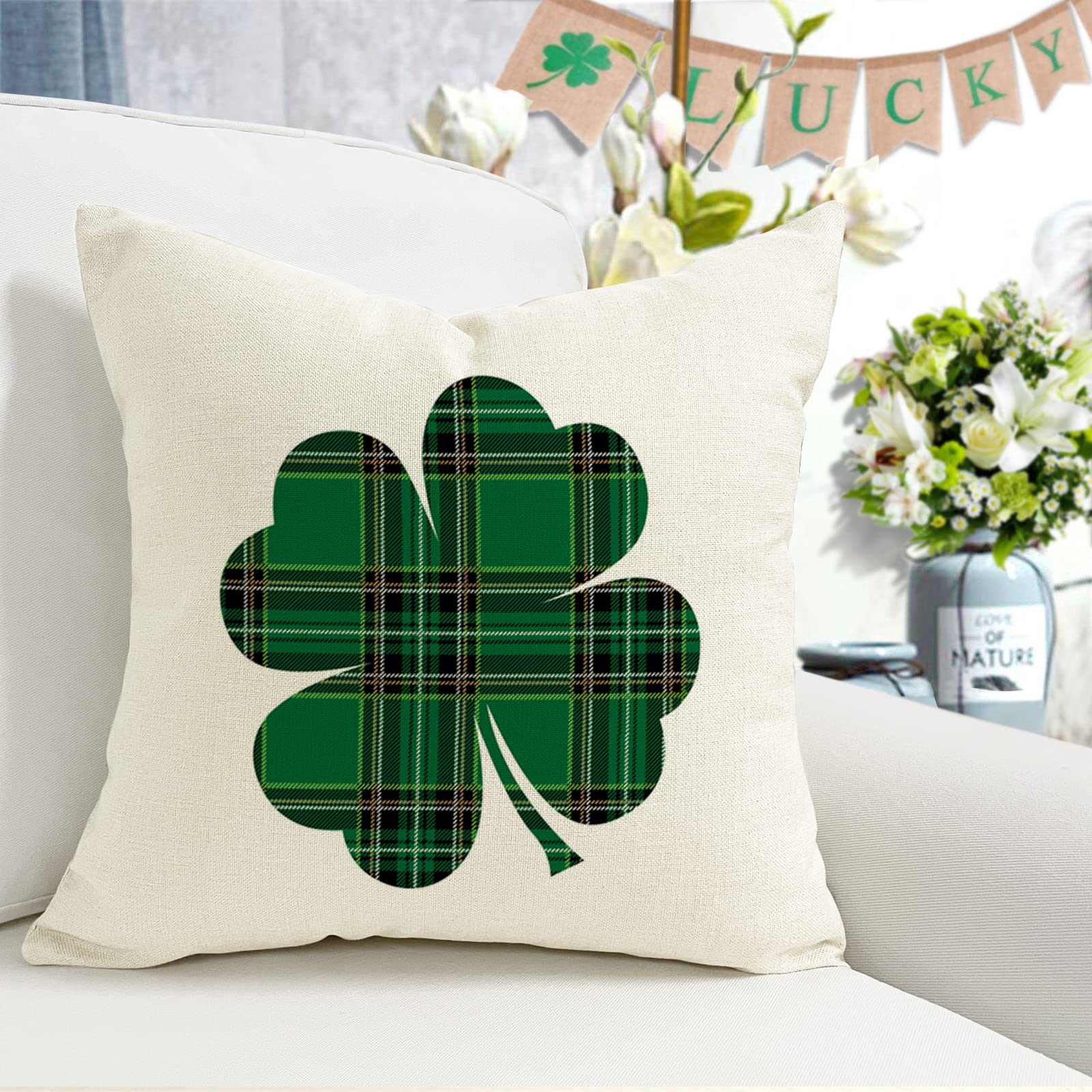 YCOLL St Patricks Day Decorations Throw Pillow Covers 18x18 Set of 4 Scottish Tartan Plaid St Patricks Day Hat Farmhouse Classic Decorative Square Cushion Cases for Sofa Couch
